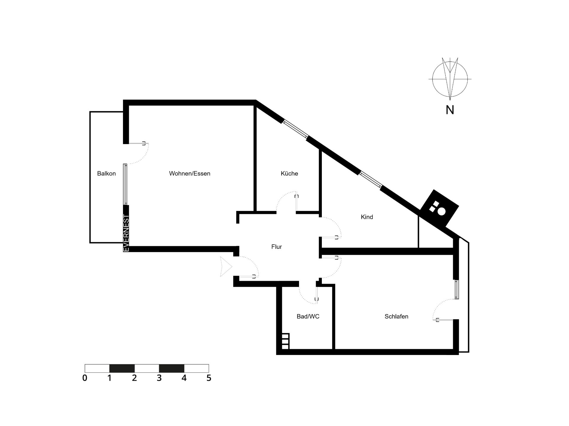 Grundriss einer Wohnung mit Balkon, Wohnzimmer, Küche, Bad, Schlafzimmer und Kinderzimmer.