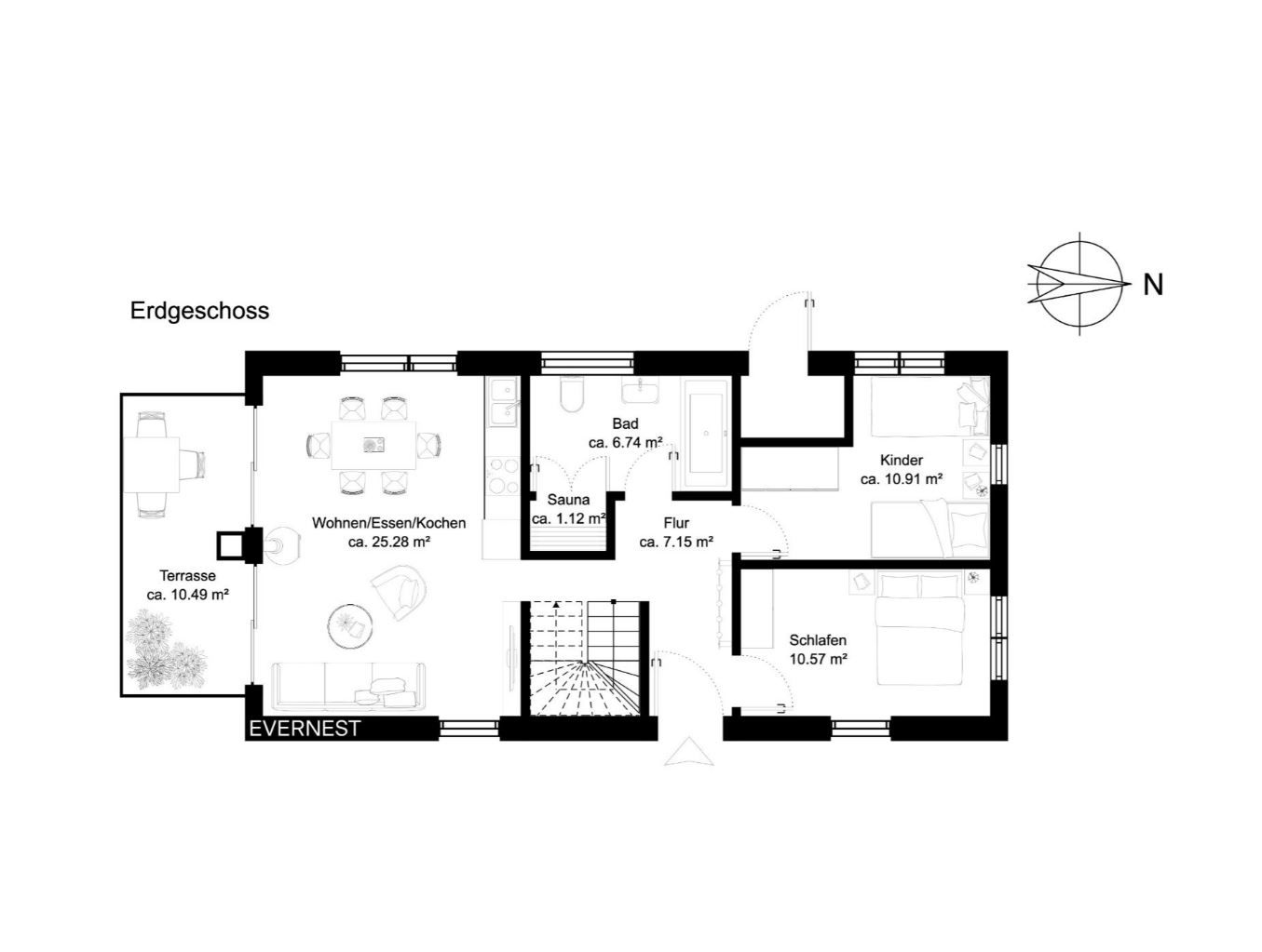 Grundriss des Erdgeschosses mit Terrasse, Wohnbereich, Bad, Sauna, Flur, Kinder- und Schlafzimmer.