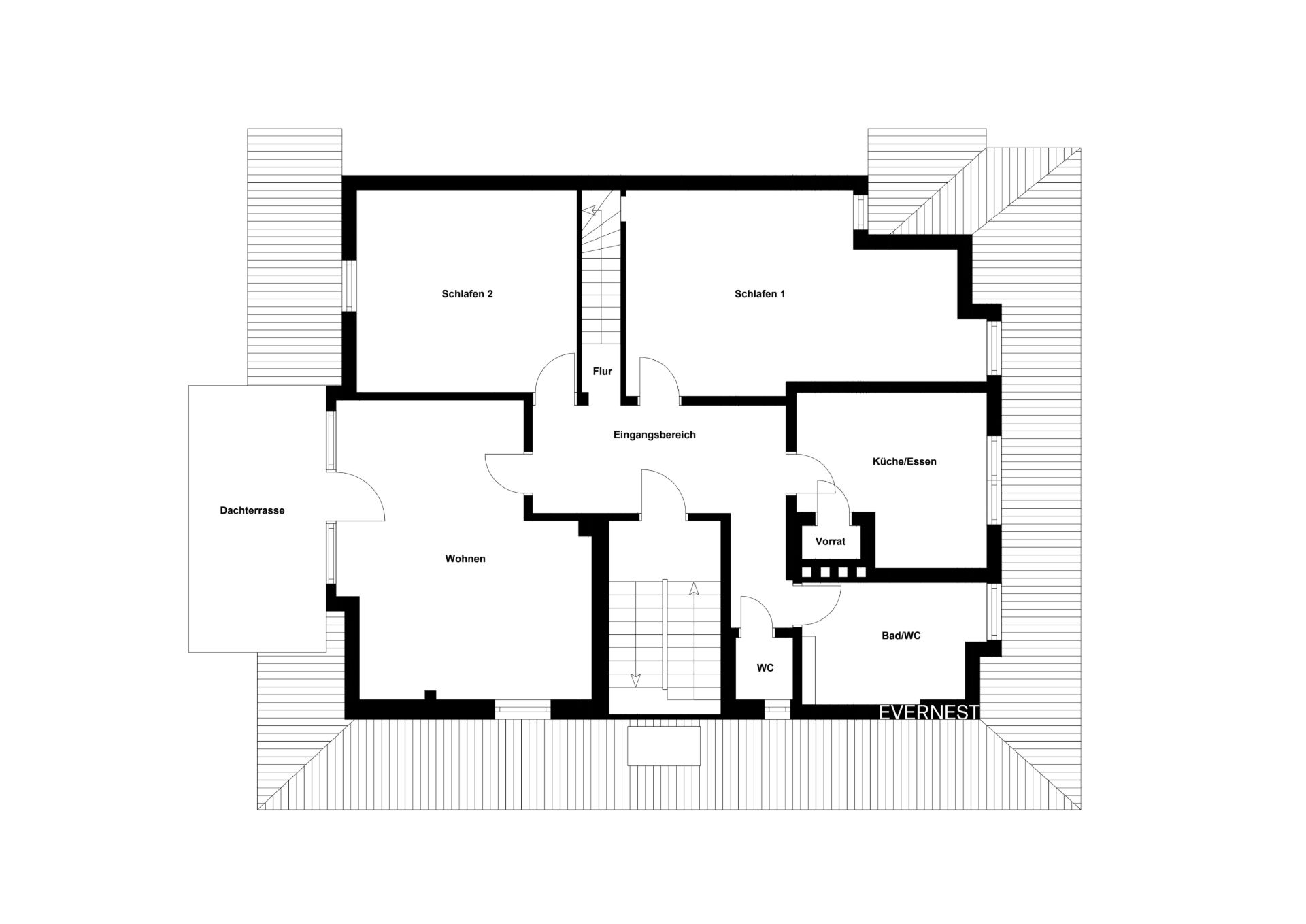 Grundriss einer Wohnung mit zwei Schlafzimmern, Wohnzimmer, Küche, Bad, WC und Dachterrasse.