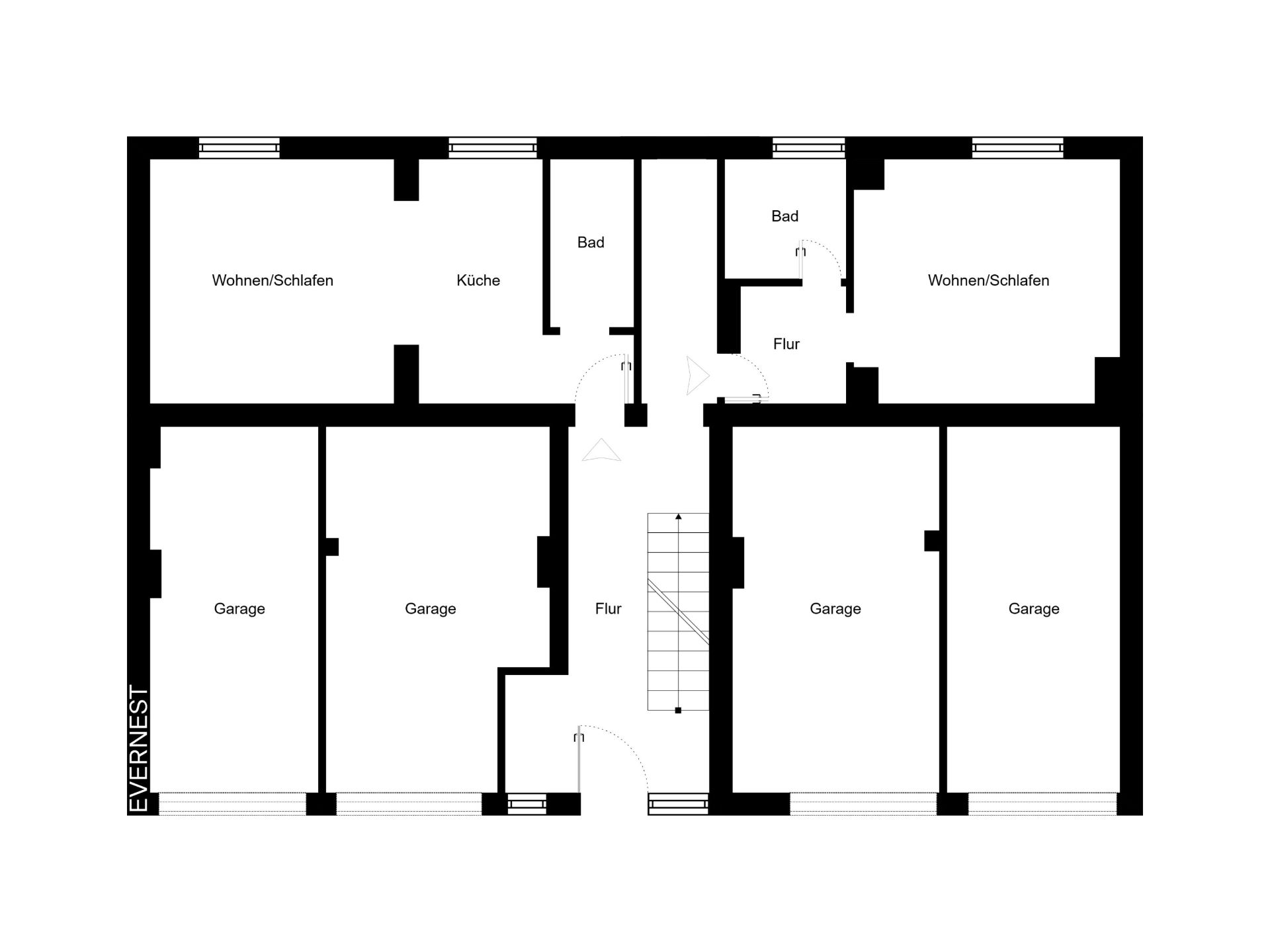 Grundriss mit zwei Wohnen/Schlafen-Räumen, Küchenbereich, zwei Bädern und vier Garagen.