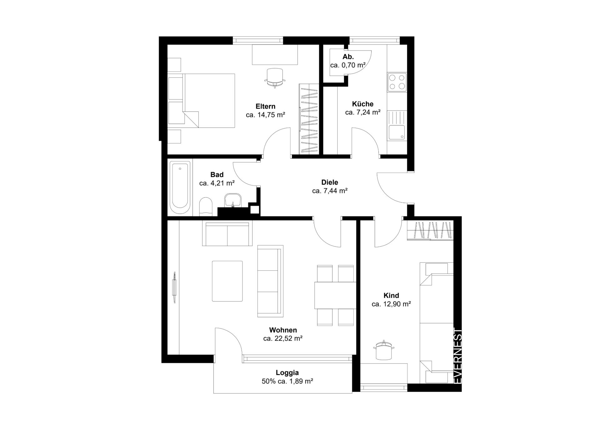 Grundriss einer Wohnung mit Wohnzimmer, Küche, Bad, Eltern- und Kinderzimmer, Diele und Loggia.