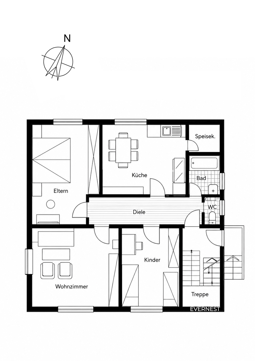 Grundriss einer Wohnung mit Wohnzimmer, Küche, Bad, WC, Speisekammer, Eltern- und Kinderzimmer.