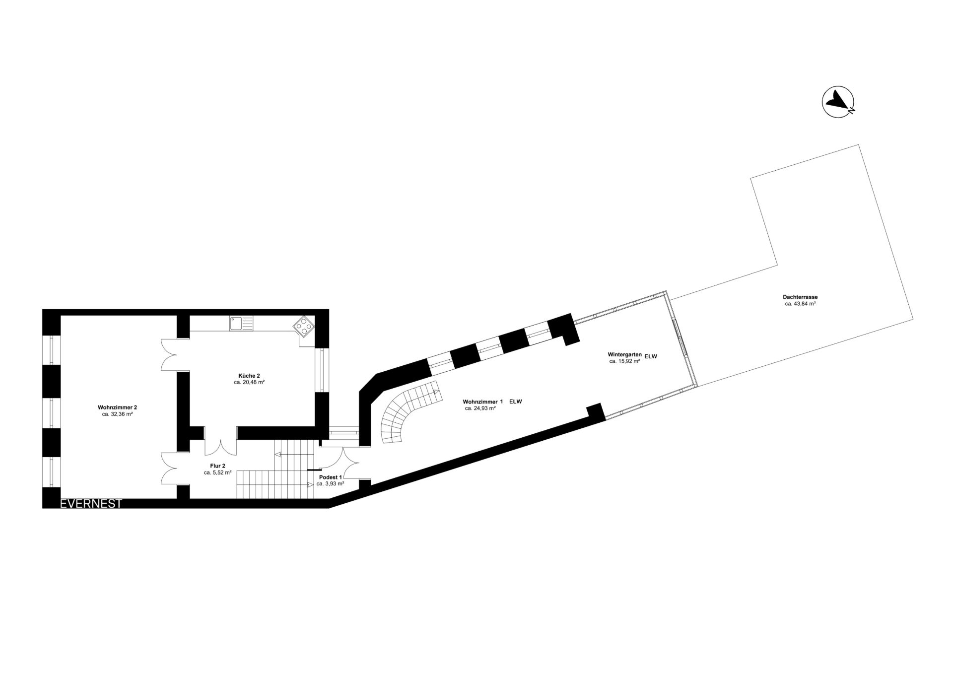 Grundriss mit mehreren Wohnräumen, Flur, Küche und Dachterrasse.