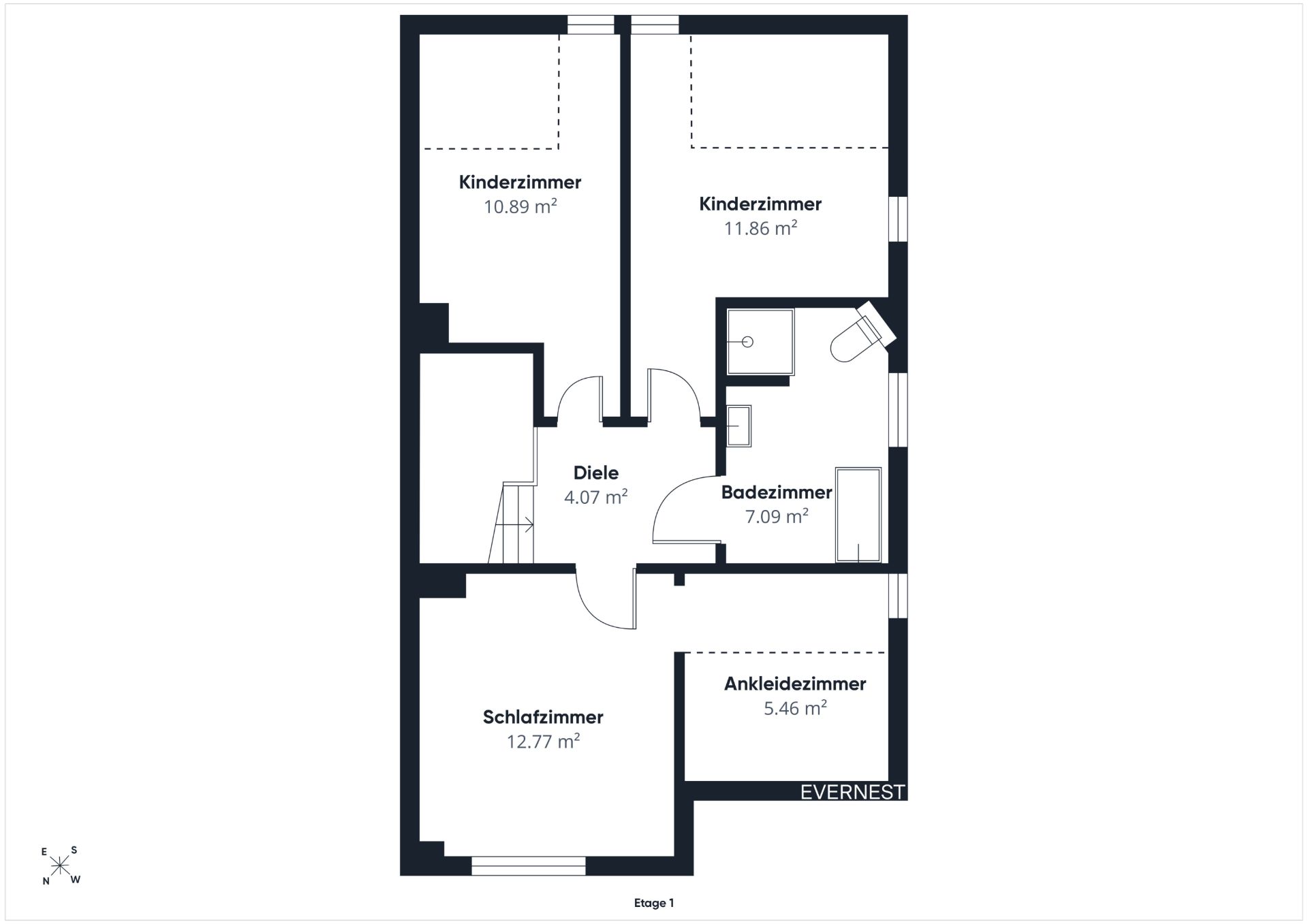 Grundriss mit zwei Kinderzimmern, Schlafzimmer, Ankleidezimmer, Bad und Flur.