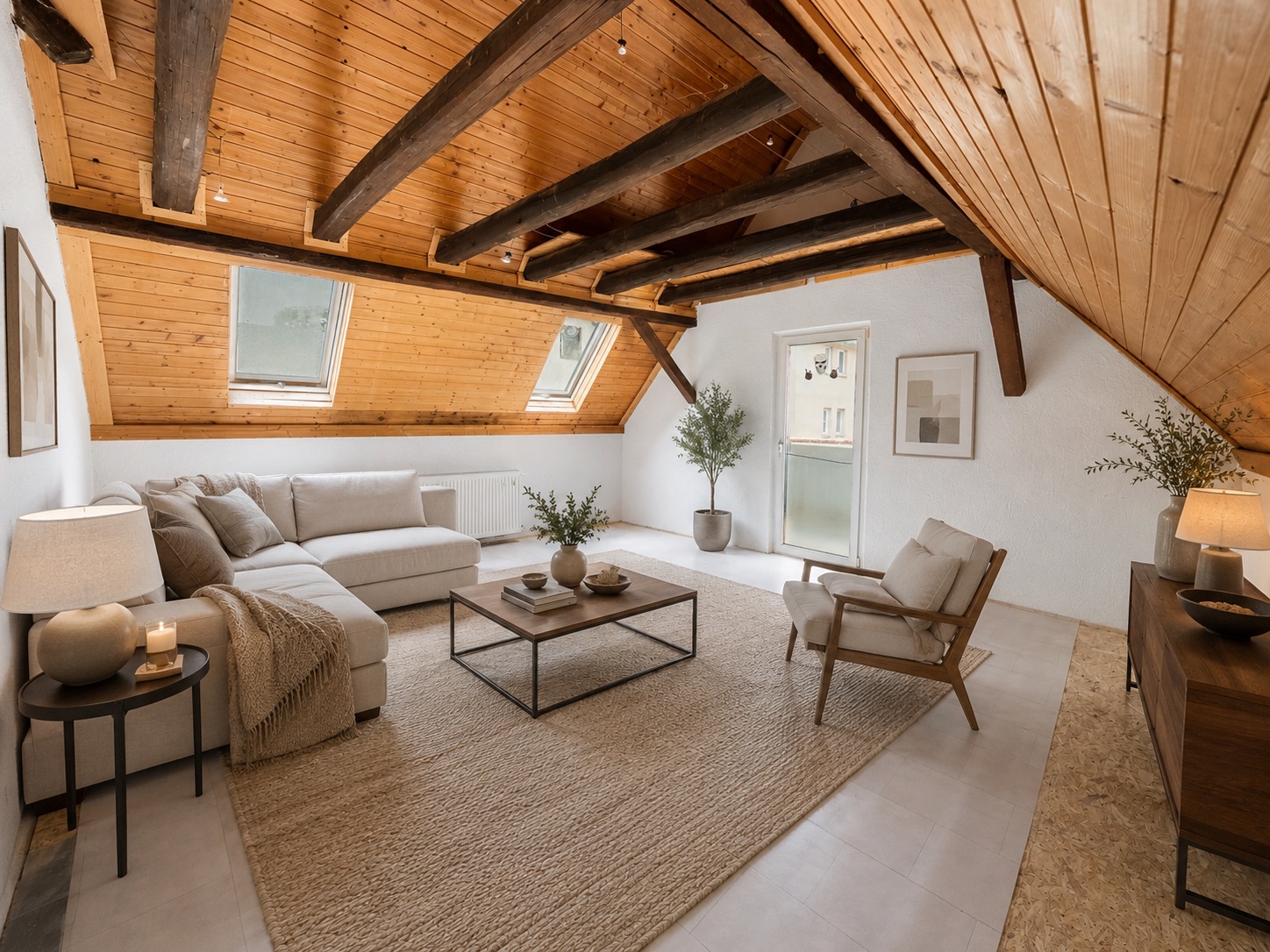 Helles Wohnzimmer mit Holzdecke, Sofa, Sessel, Teppich und großen Dachfenstern.