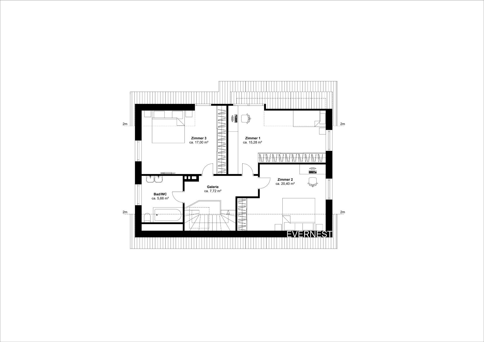 Grundriss mit drei Zimmern, Galerie und Bad/WC, Räume und Möbel sind beschriftet.