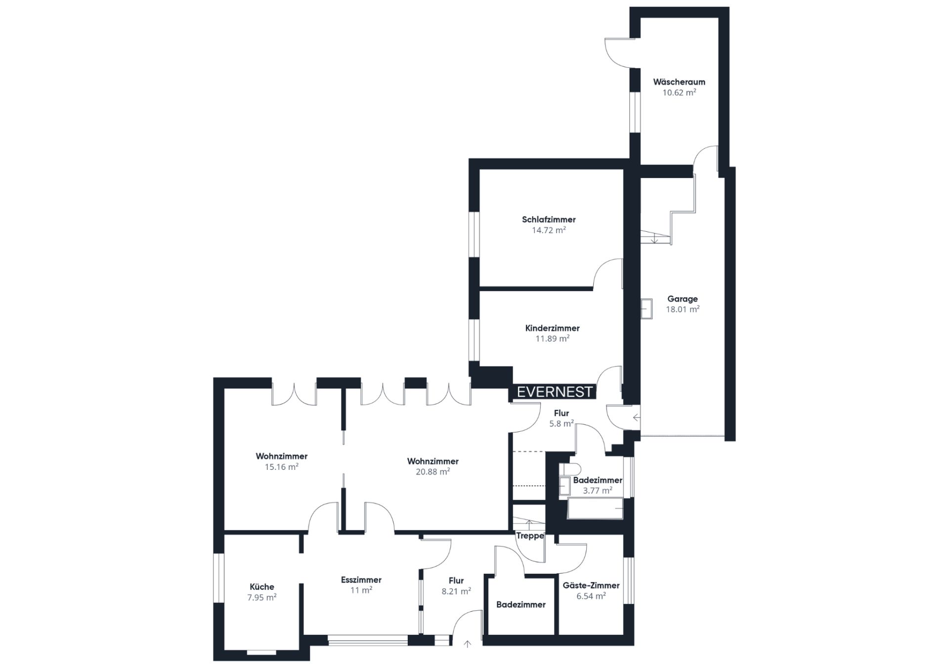 Grundriss mit Wohn-, Schlaf-, Kinderzimmer, Küche, Esszimmer, Bädern, Waschküche und Garage.