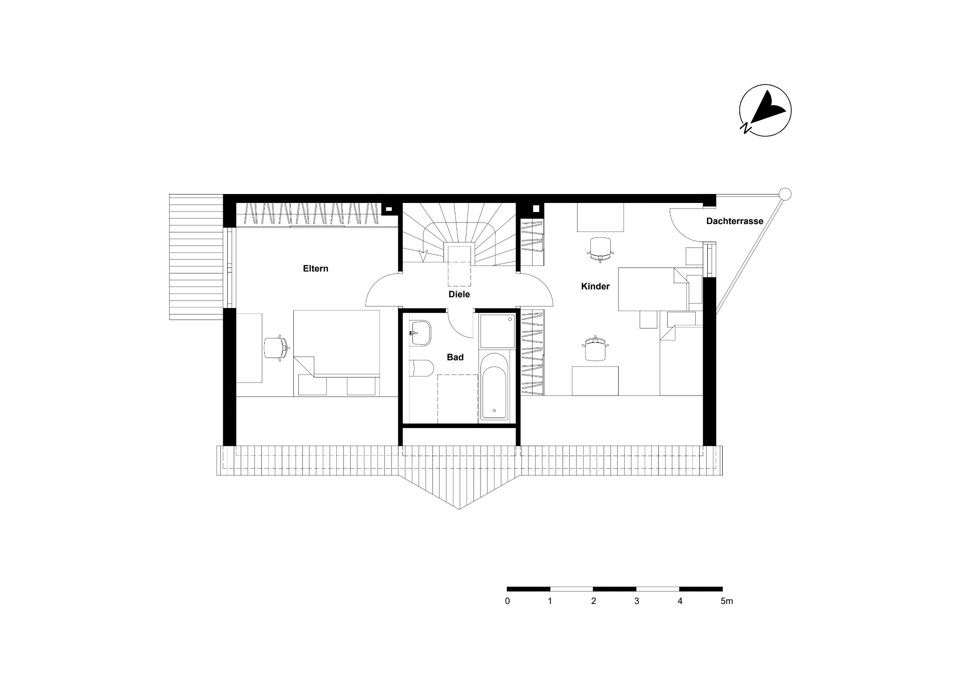 Grundriss mit Schlafzimmer, Kinderzimmer, Bad, Diele und Dachterrasse.