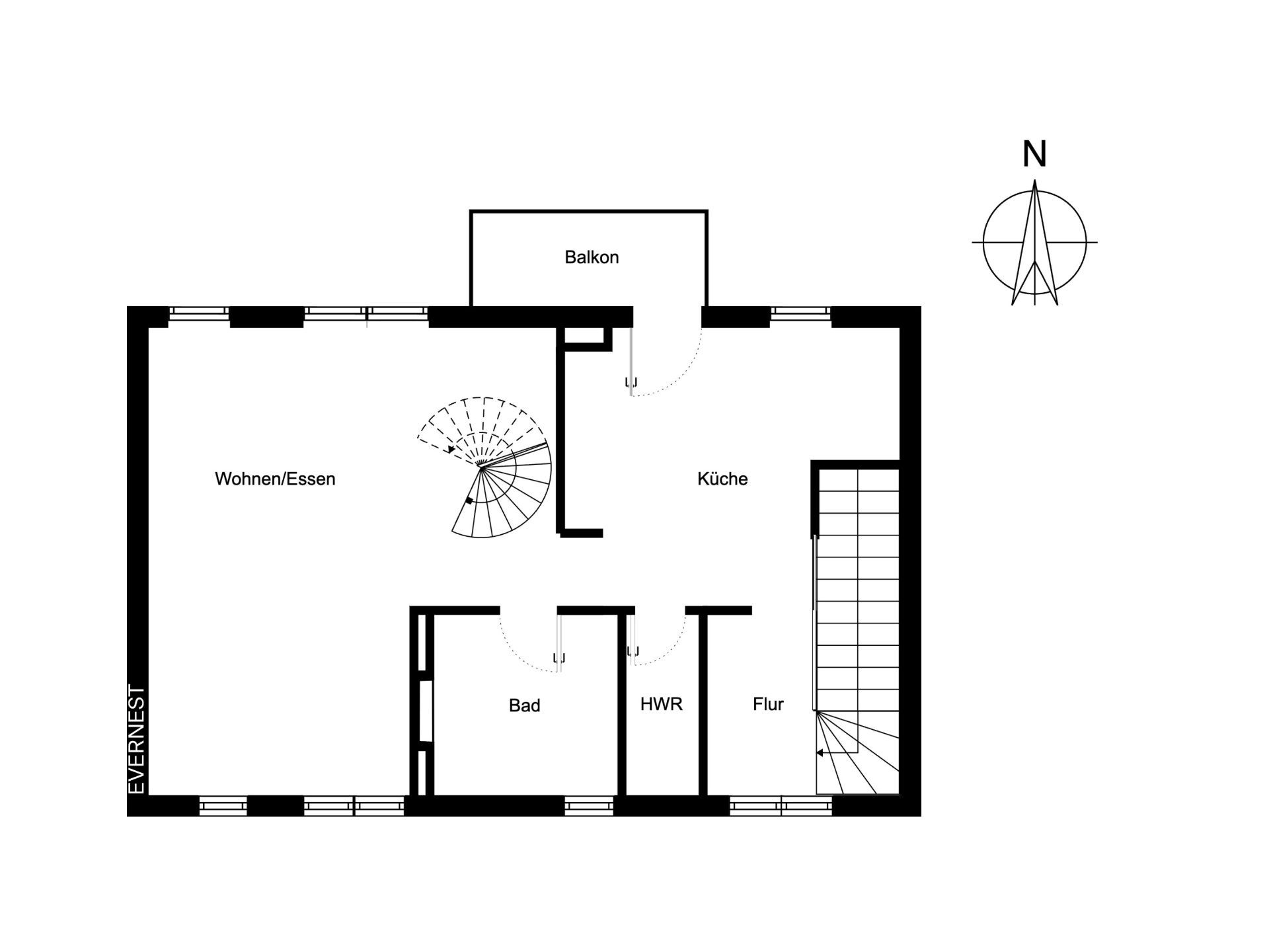 Grundriss einer Wohnung mit Wohn-/Essbereich, Küche, Bad, HWR, Flur und Balkon.