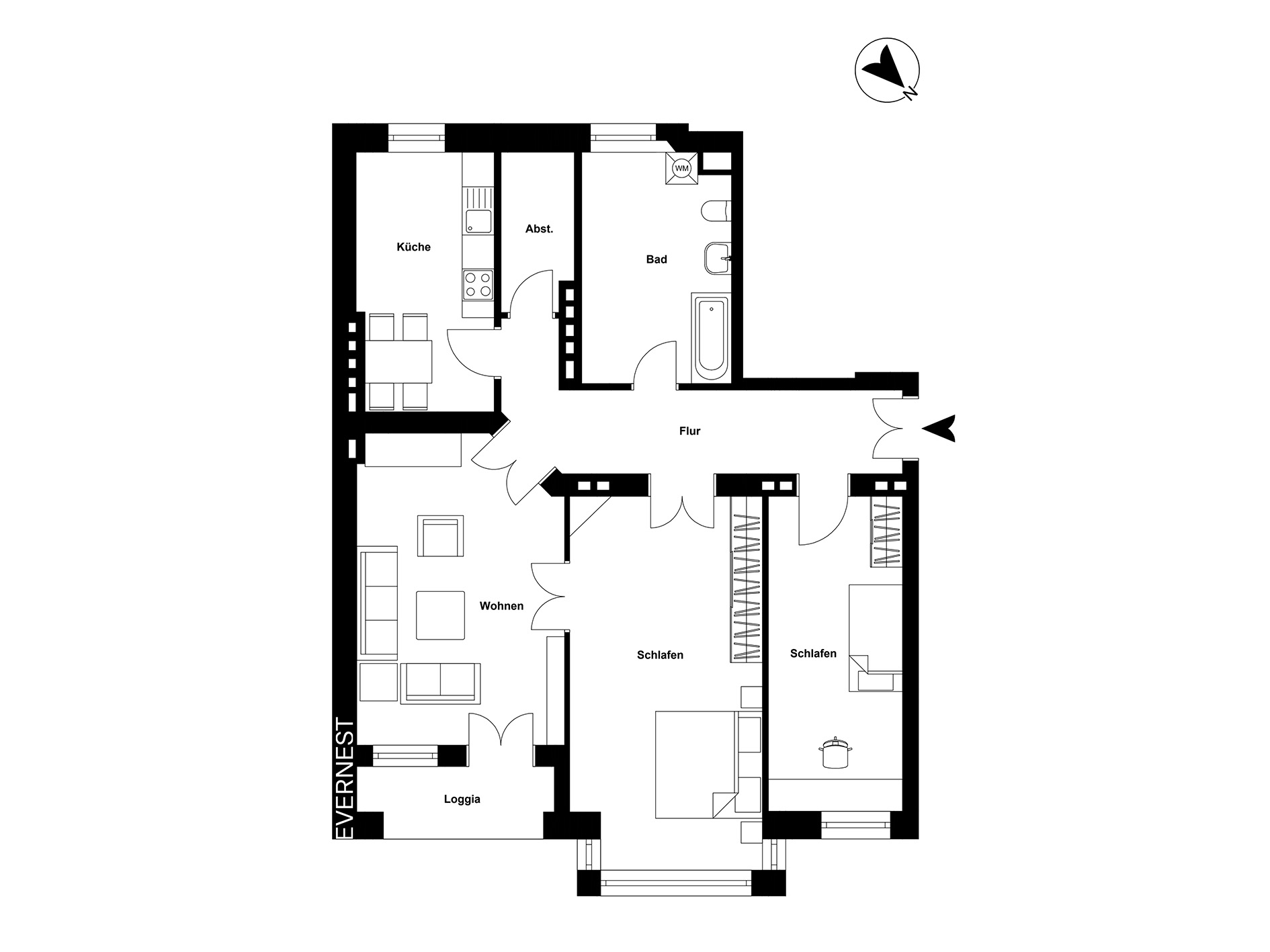 Grundriss einer Wohnung mit Küche, Bad, Wohnzimmer, zwei Schlafzimmern und Loggia.