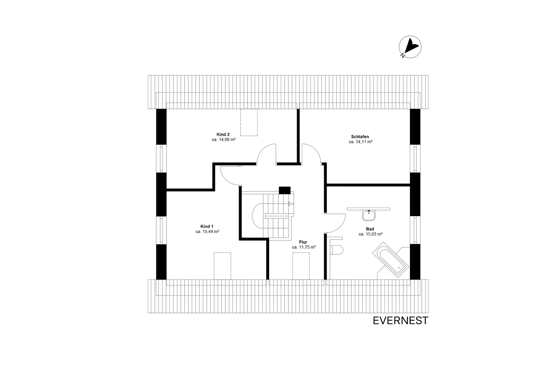 Grundriss mit zwei Kinderzimmern, Schlafzimmer, Flur und Bad.