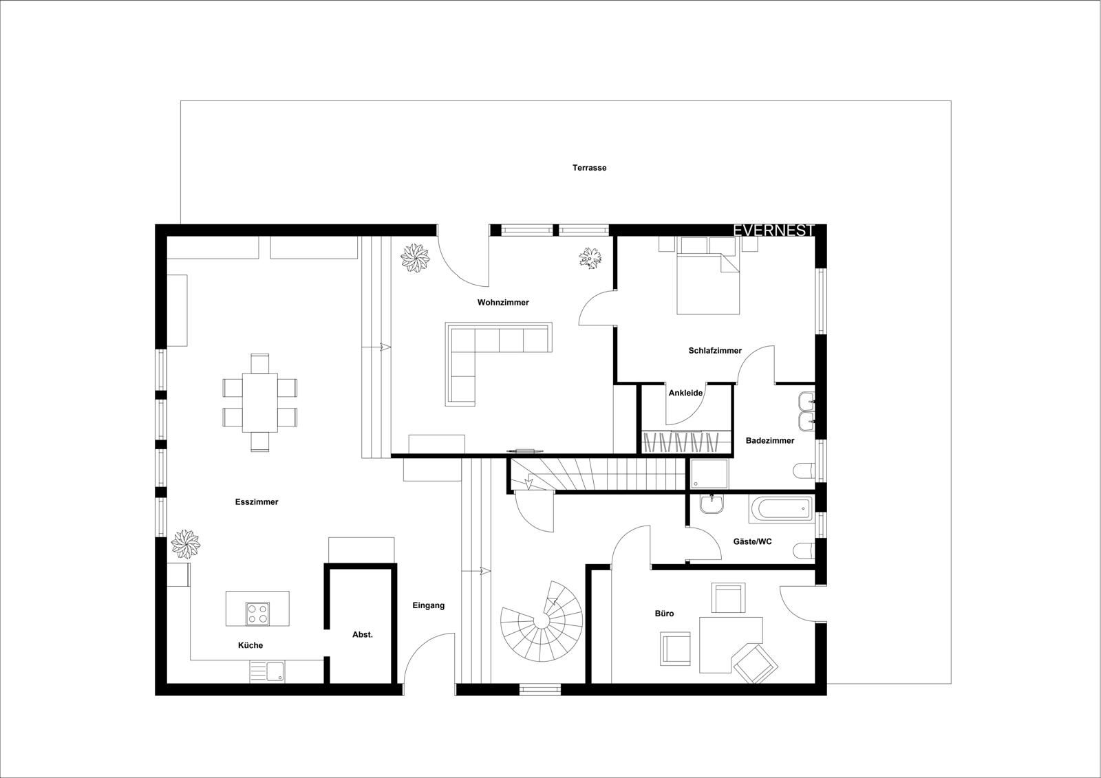 Grundriss eines Hauses mit Wohnzimmer, Schlafzimmer, Bad, Küche, Esszimmer, Büro und Terrasse.