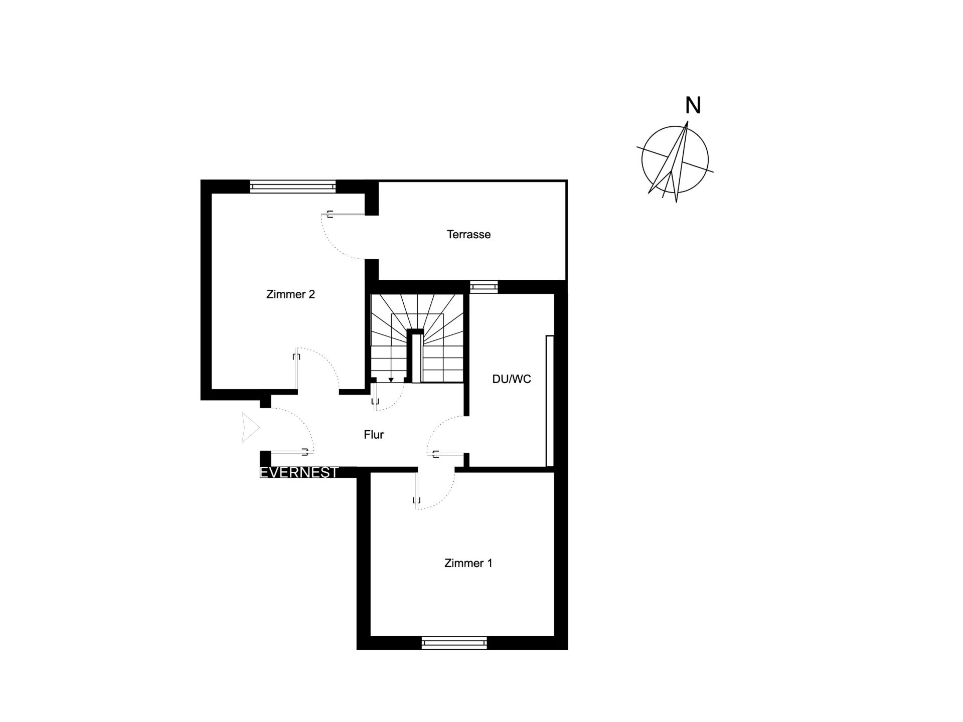 Grundriss mit zwei Zimmern, Terrasse, Flur und Bad mit Dusche und WC.