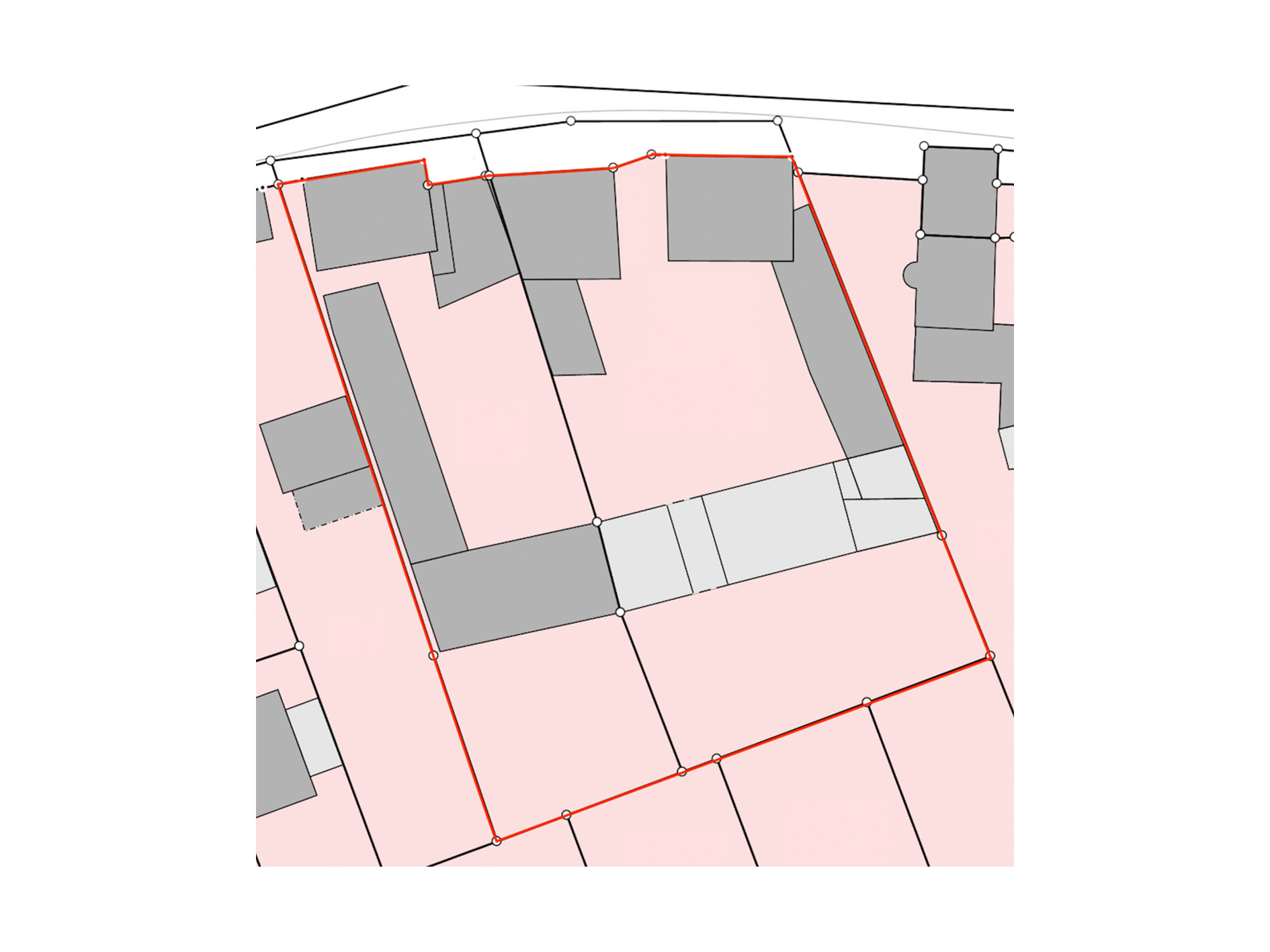 Lageplan mit Grundstücksgrenzen, Gebäude sind grau markiert und Grundstück ist rot umrandet.