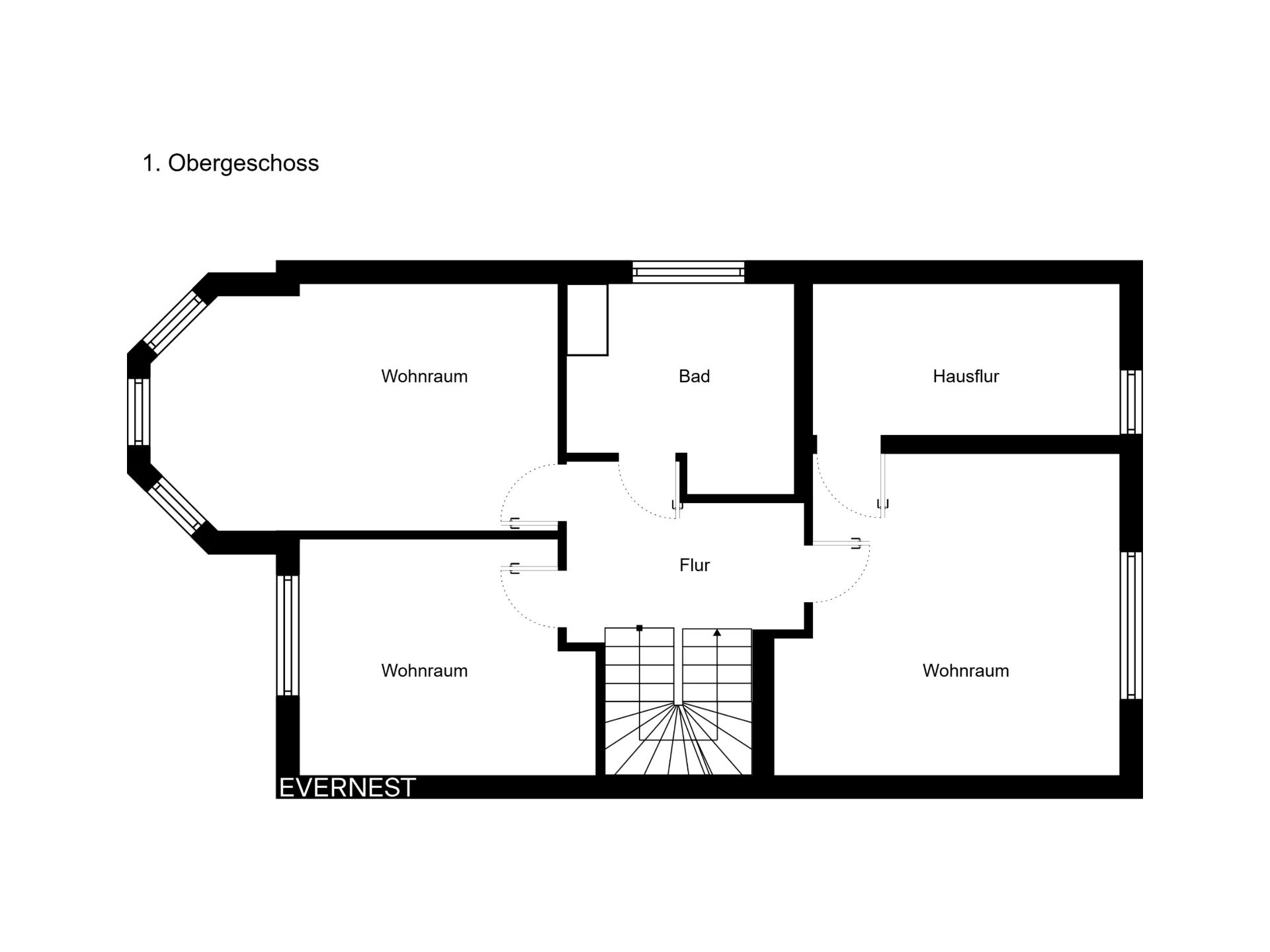 Grundriss des 1. Obergeschosses mit Flur, Bad, zwei Wohnräumen und Hausflur.
