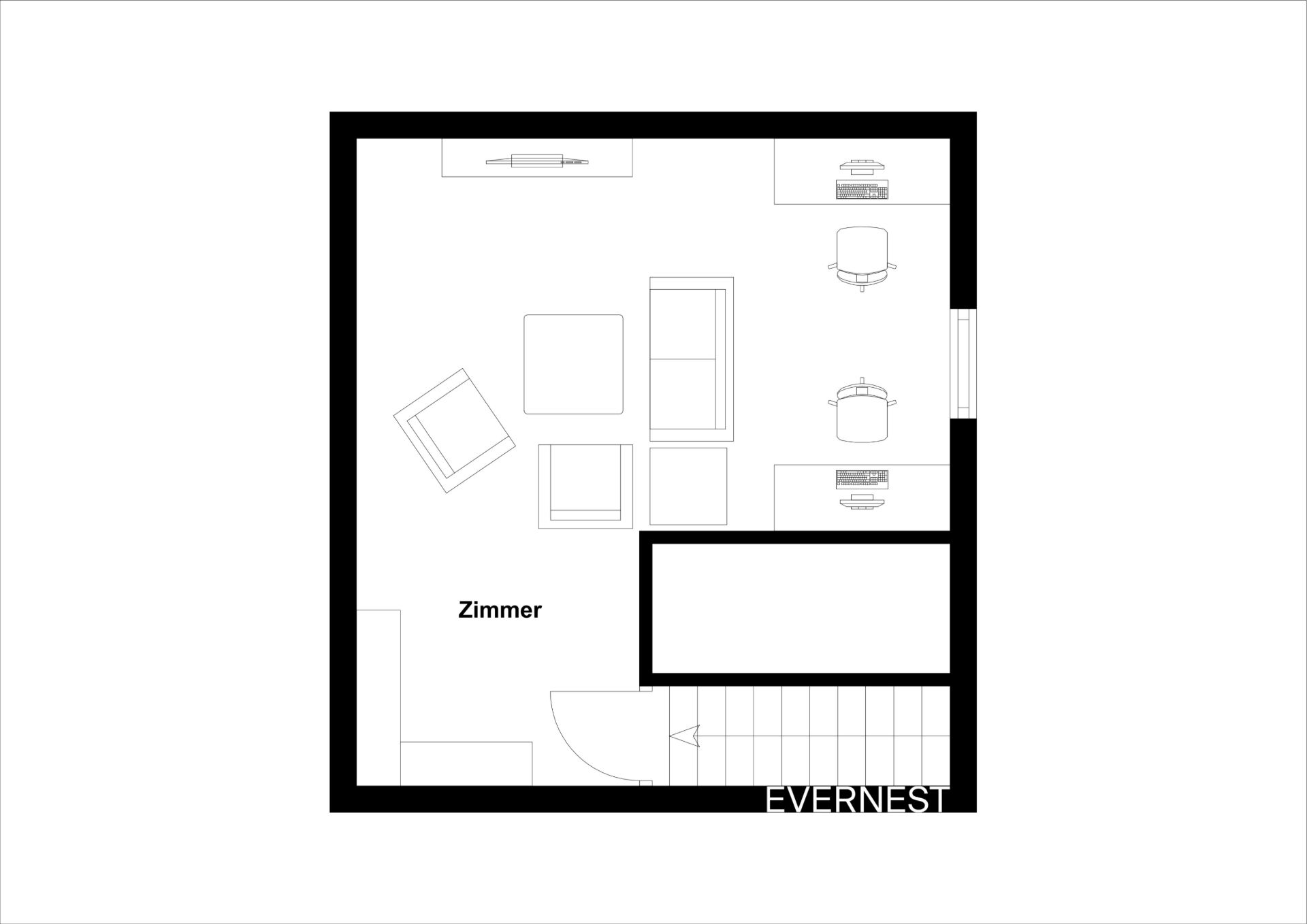 Grundriss eines Zimmers mit Sofa, Sesseln und Tisch, Treppe unten rechts.