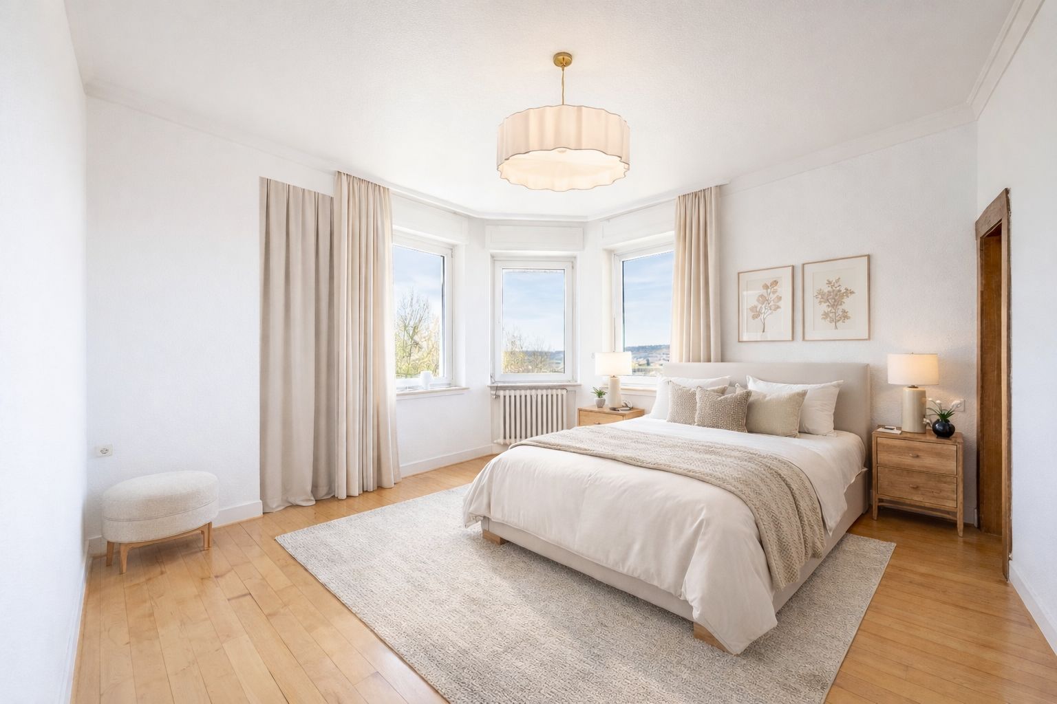 Helles Schlafzimmer mit Doppelbett, Holzboden, Teppich und großen Fenstern mit Vorhängen.