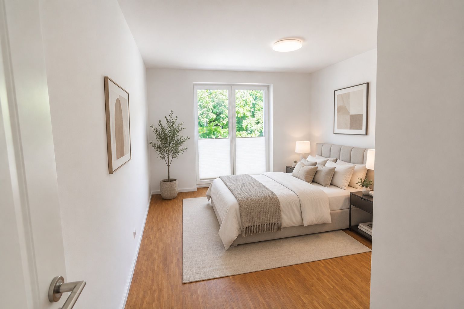 Helles Schlafzimmer mit Doppelbett, Nachttischen, Teppich und großem Fenster mit Blick ins Grüne.