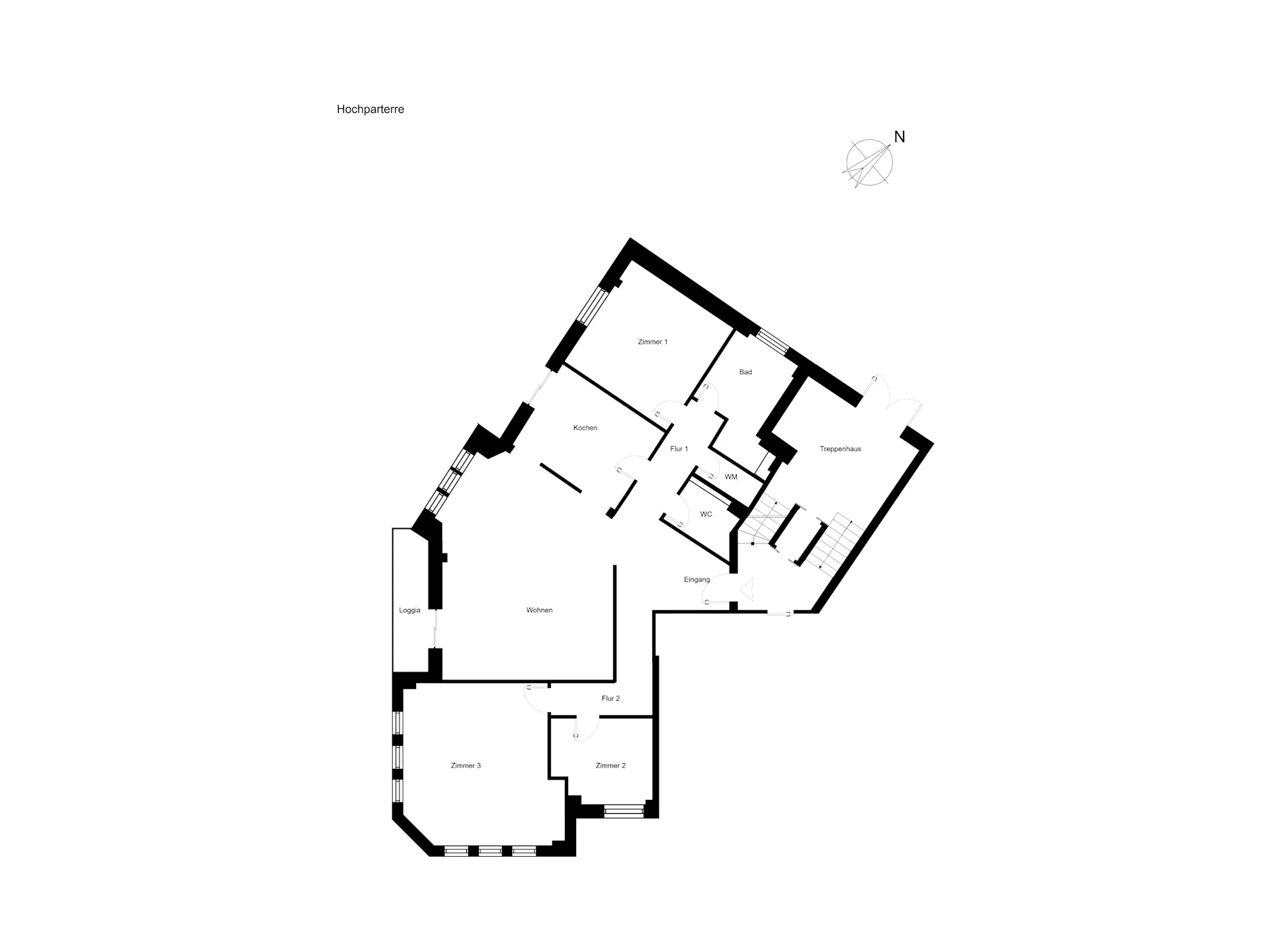 Grundriss einer Wohnung mit mehreren Zimmern, Küche, Bad, Flur und Wohnzimmer.