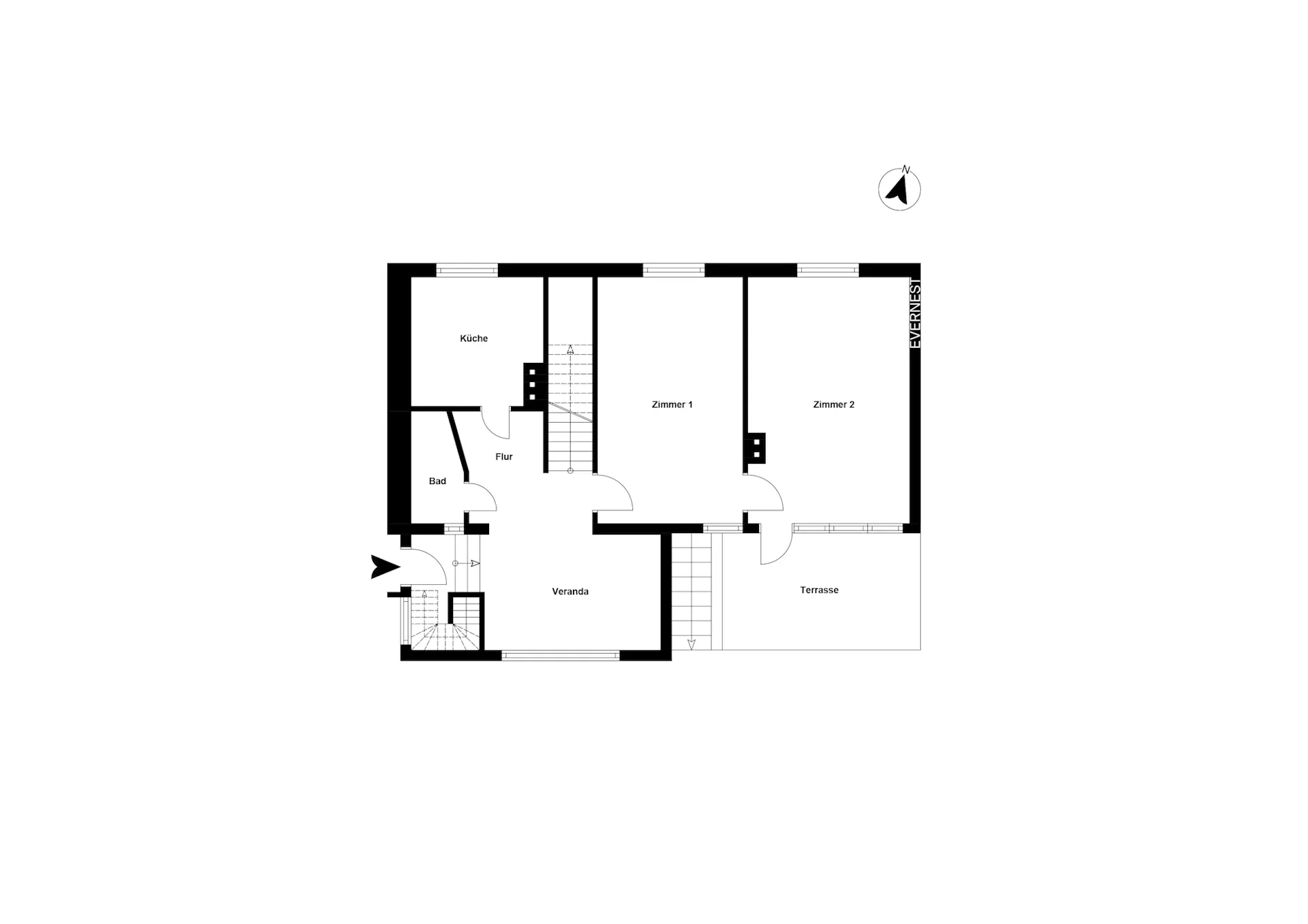 Grundriss mit Küche, Bad, zwei Zimmern, Flur, Veranda und Terrasse.