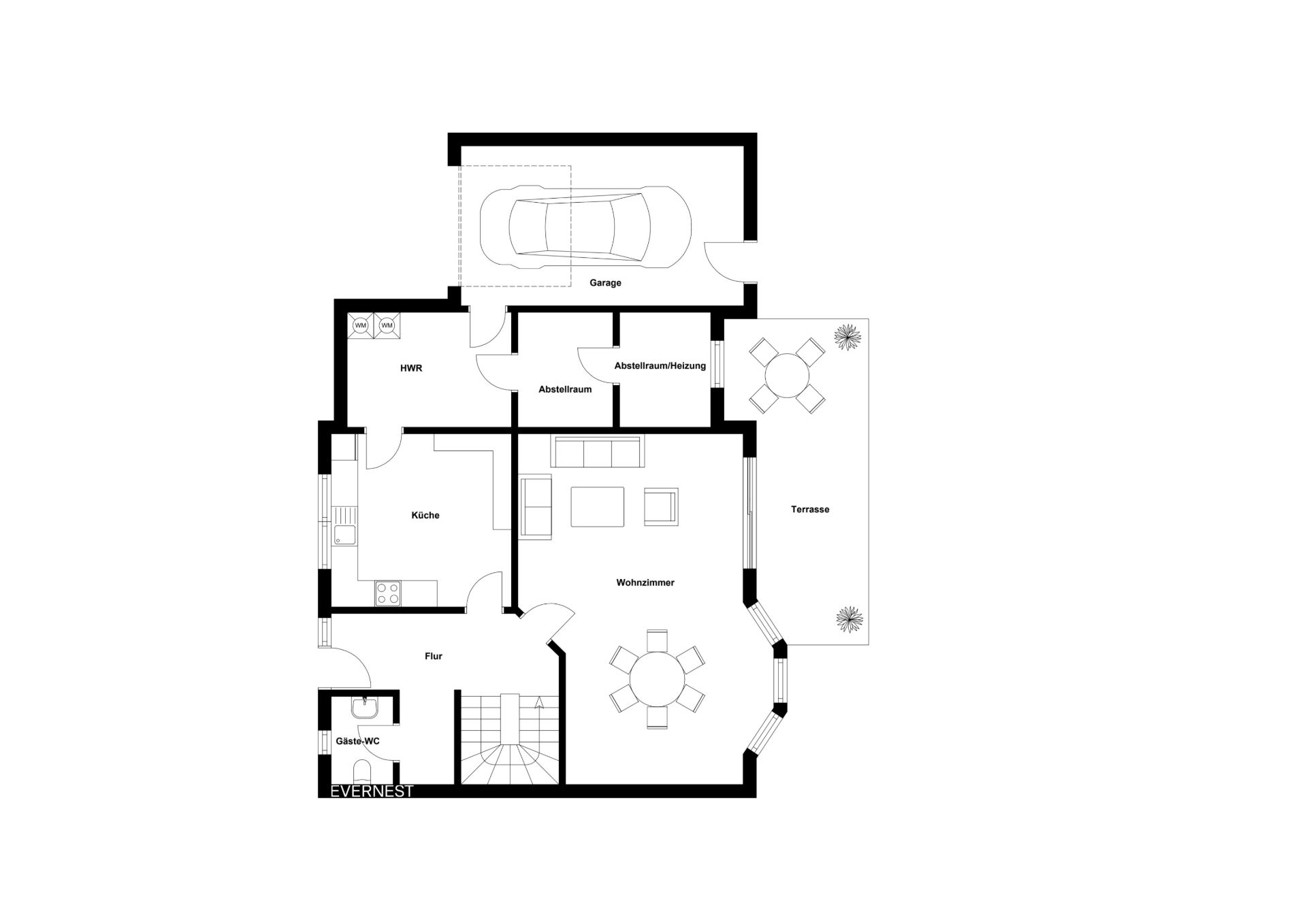 Grundriss zeigt Erdgeschoss mit Garage, Wohnzimmer, Küche, Flur, Gäste-WC und Terrasse.