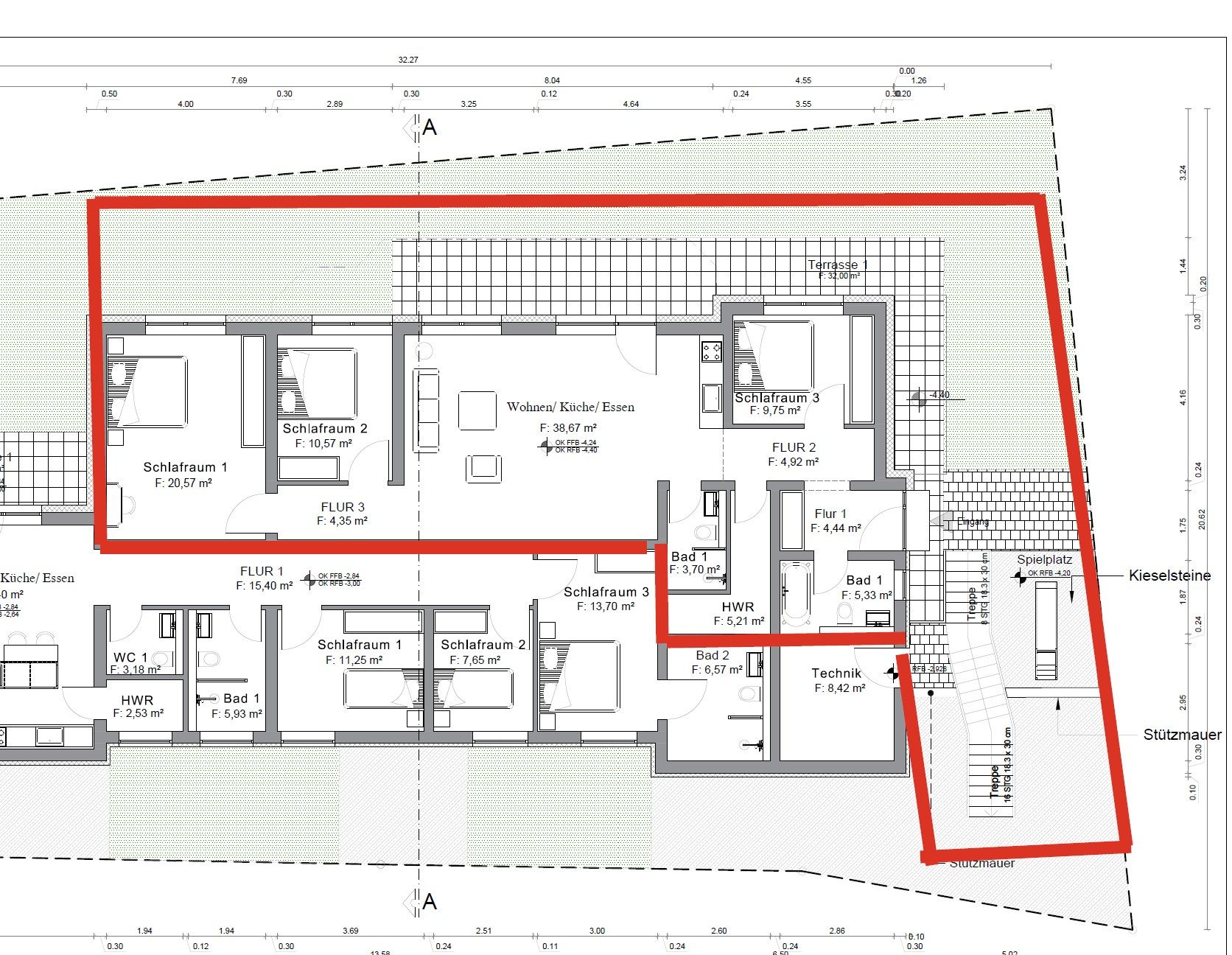 Grundriss einer Wohnung mit mehreren Zimmern, Küche, Bädern und Terrasse, rot umrandet.