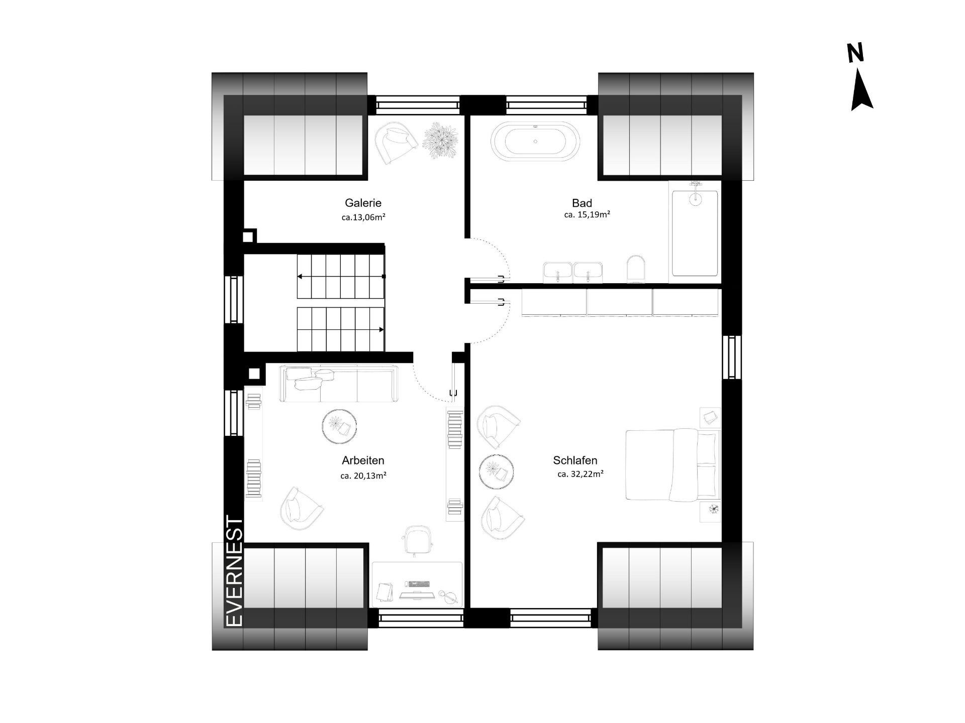 Grundriss mit Schlafzimmer, Bad, Arbeitszimmer und Galerie, jeweils möbliert dargestellt.