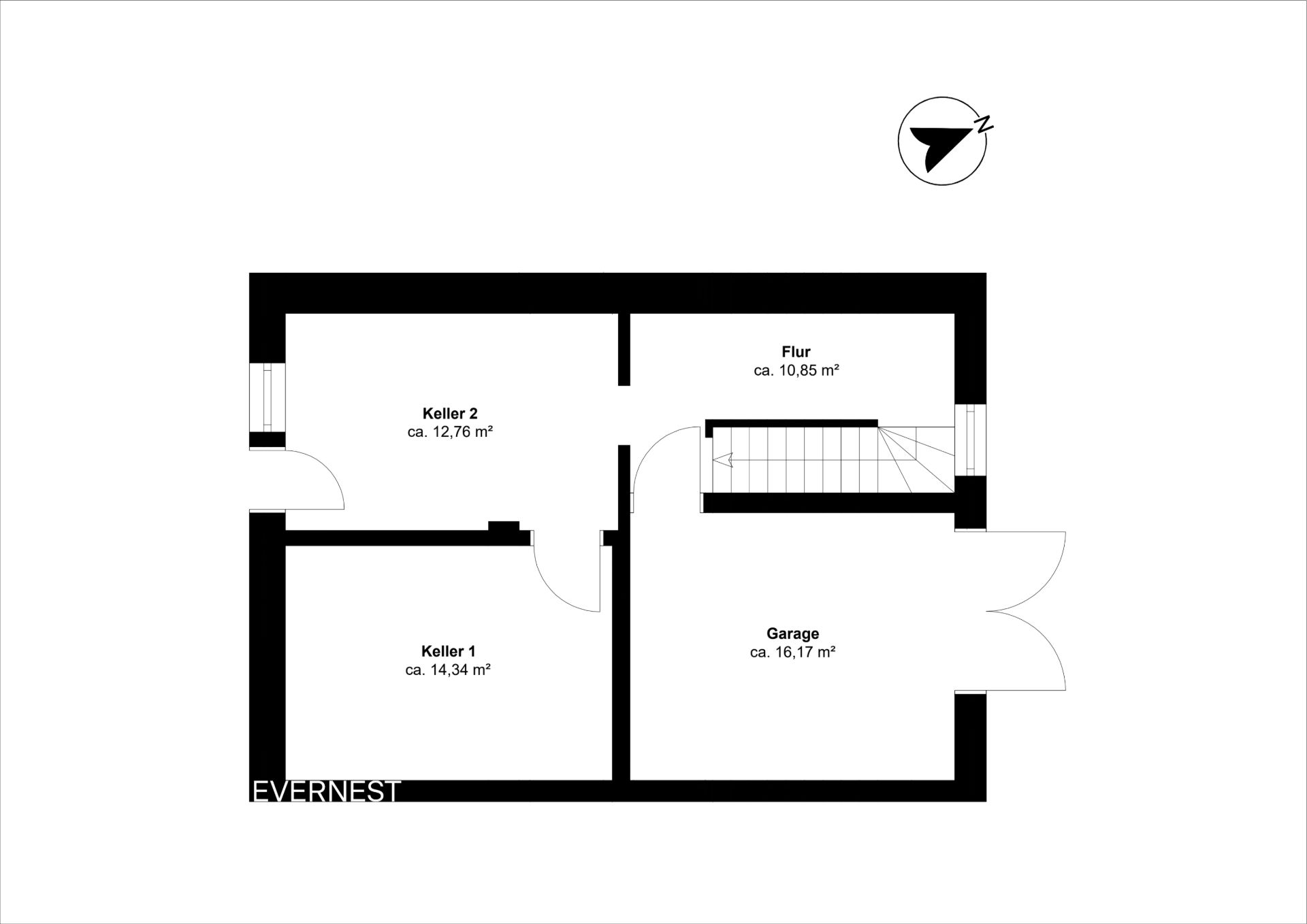 Grundriss mit Flur, zwei Kellerräumen und Garage, jeweils mit Quadratmeterangaben.