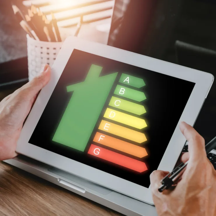 Tablet mit Energieeffizienzskala und Haus-Symbol auf dem Bildschirm.