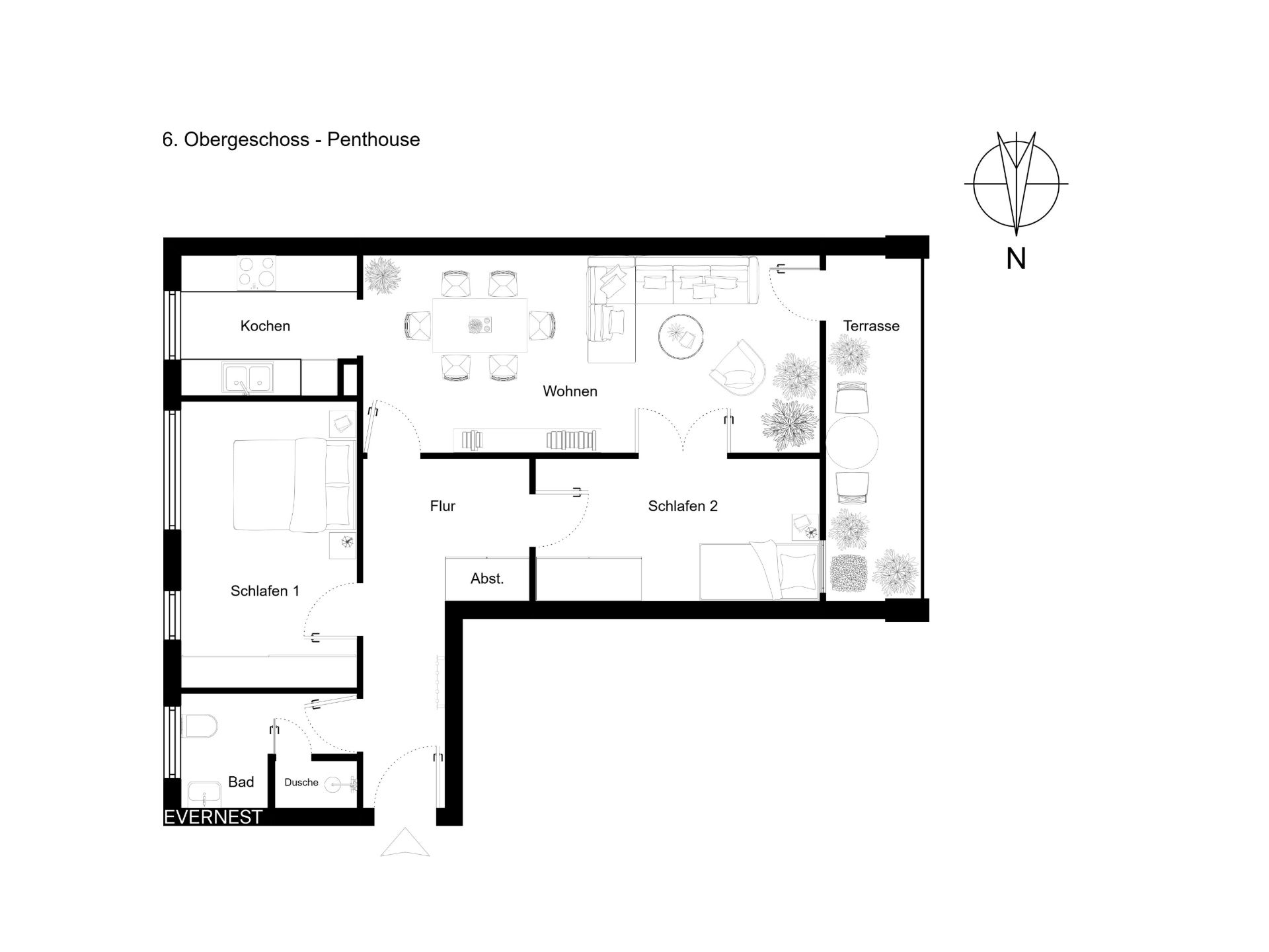 Grundriss einer Wohnung mit zwei Schlafzimmern, Wohnzimmer, Küche, Bad und Terrasse.