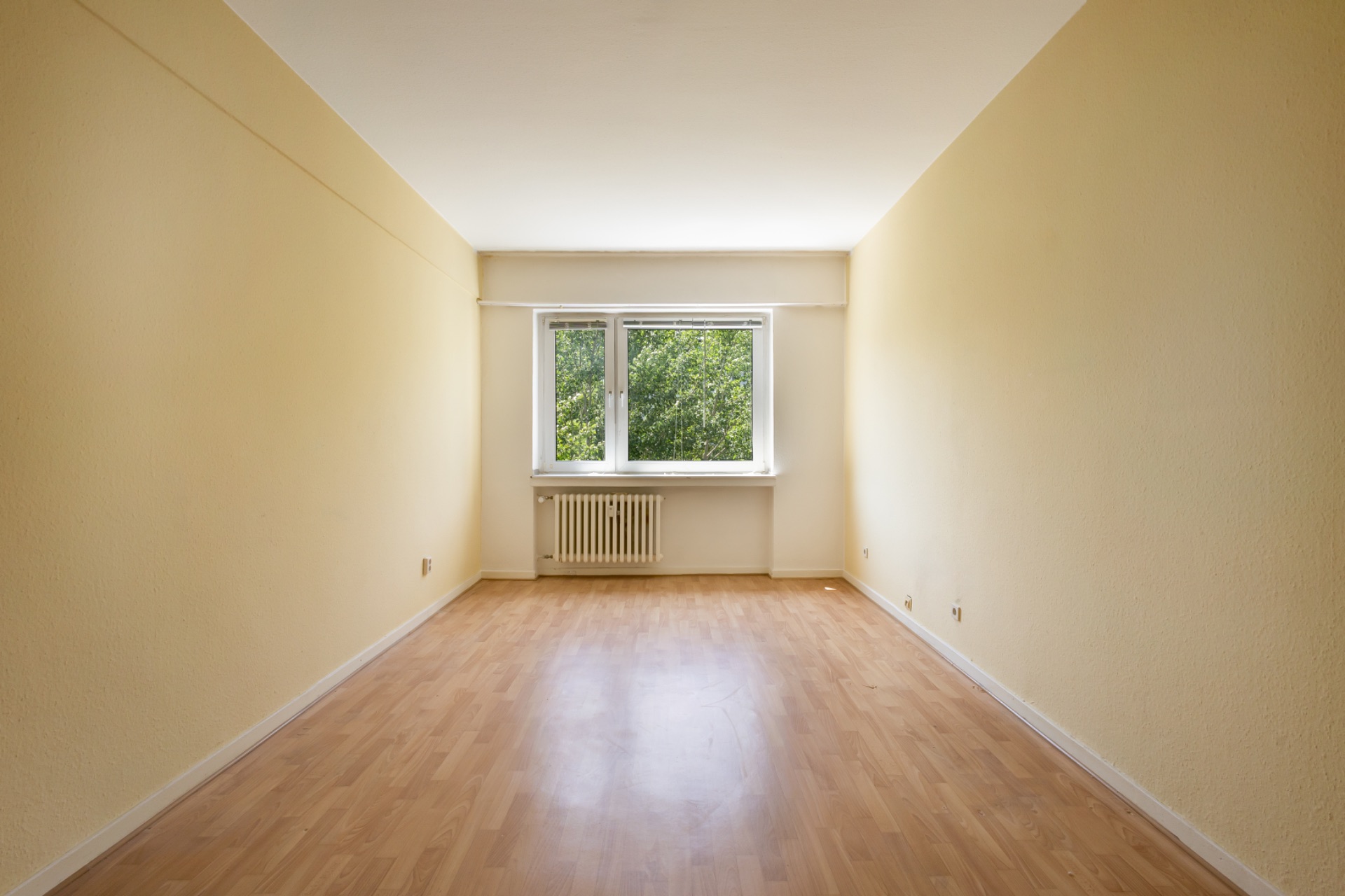 Leerer Raum mit hellem Laminatboden, gelben Wänden und Fenster mit Blick auf grüne Bäume.