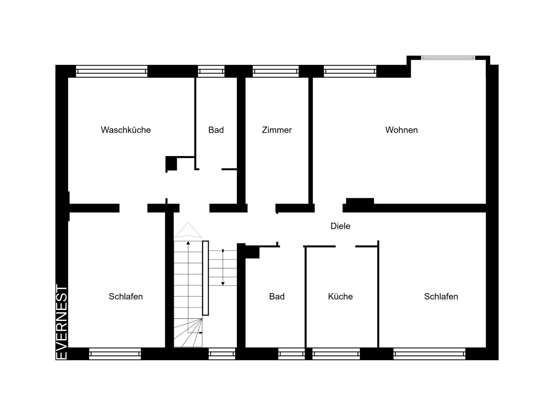 Grundriss einer Wohnung mit zwei Schlafzimmern, Wohnzimmer, Küche, zwei Bädern und Waschküche.