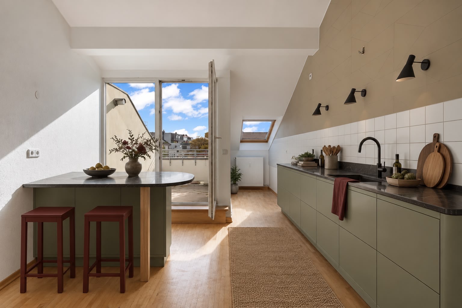 Moderne Küche mit Esstisch, zwei Hockern und Zugang zu einem Balkon mit Stadtblick.
