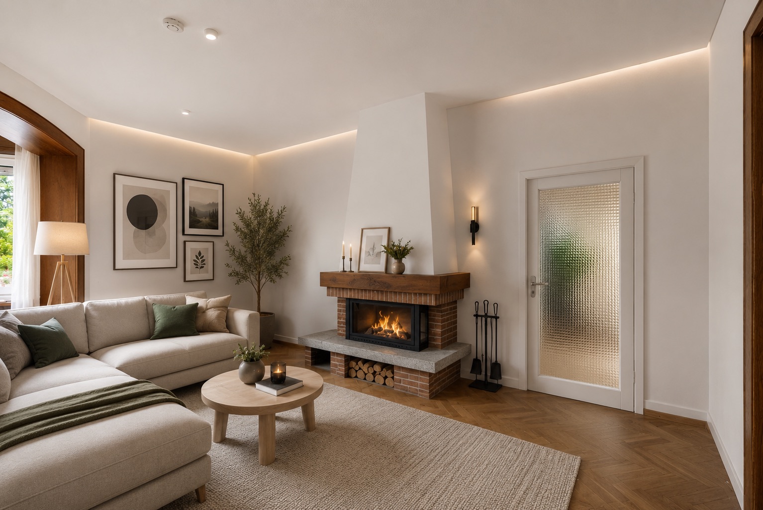 Modernes Wohnzimmer mit Ecksofa, Kamin, Couchtisch, Teppich und Wandbildern.