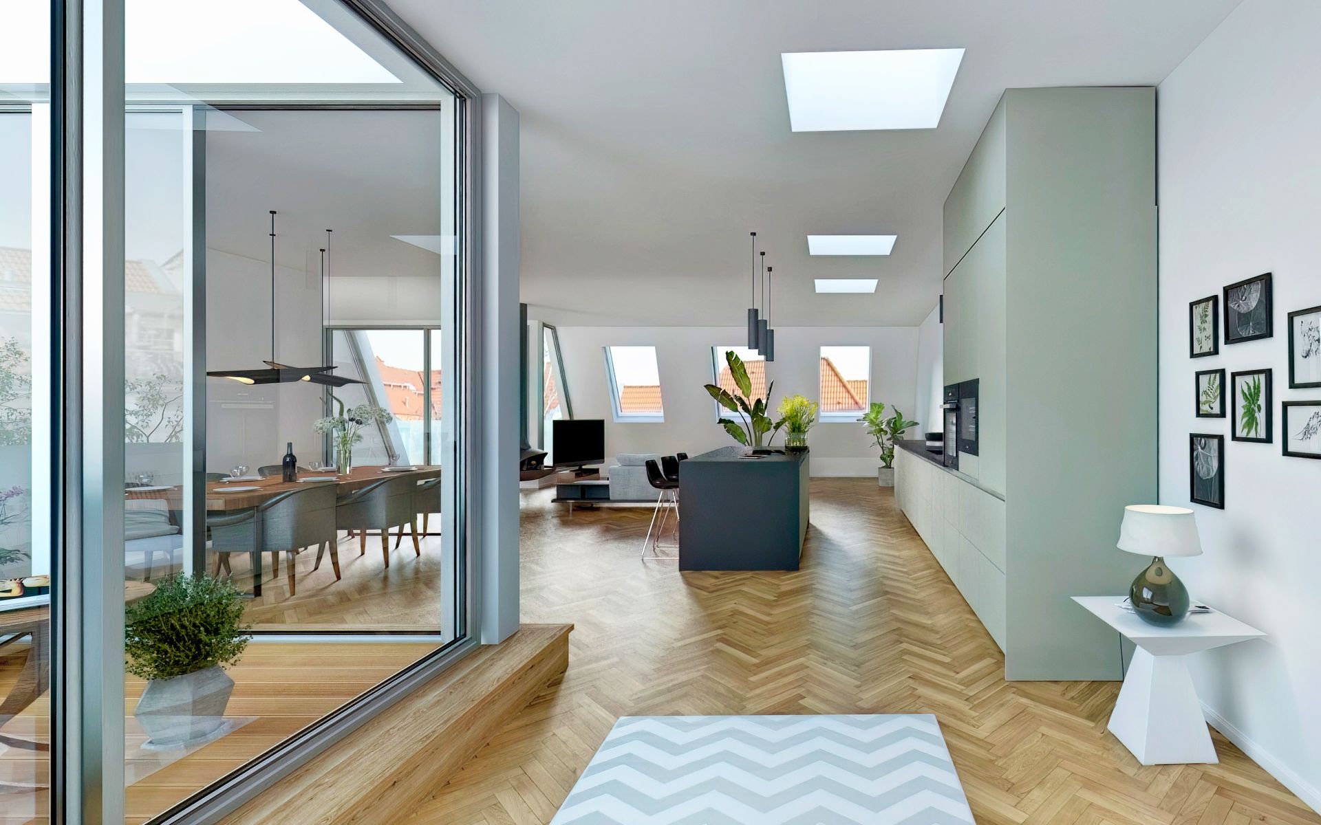 Modernes, helles Wohnzimmer mit Parkettboden, Esstisch, Pflanzen und großen Fenstern.