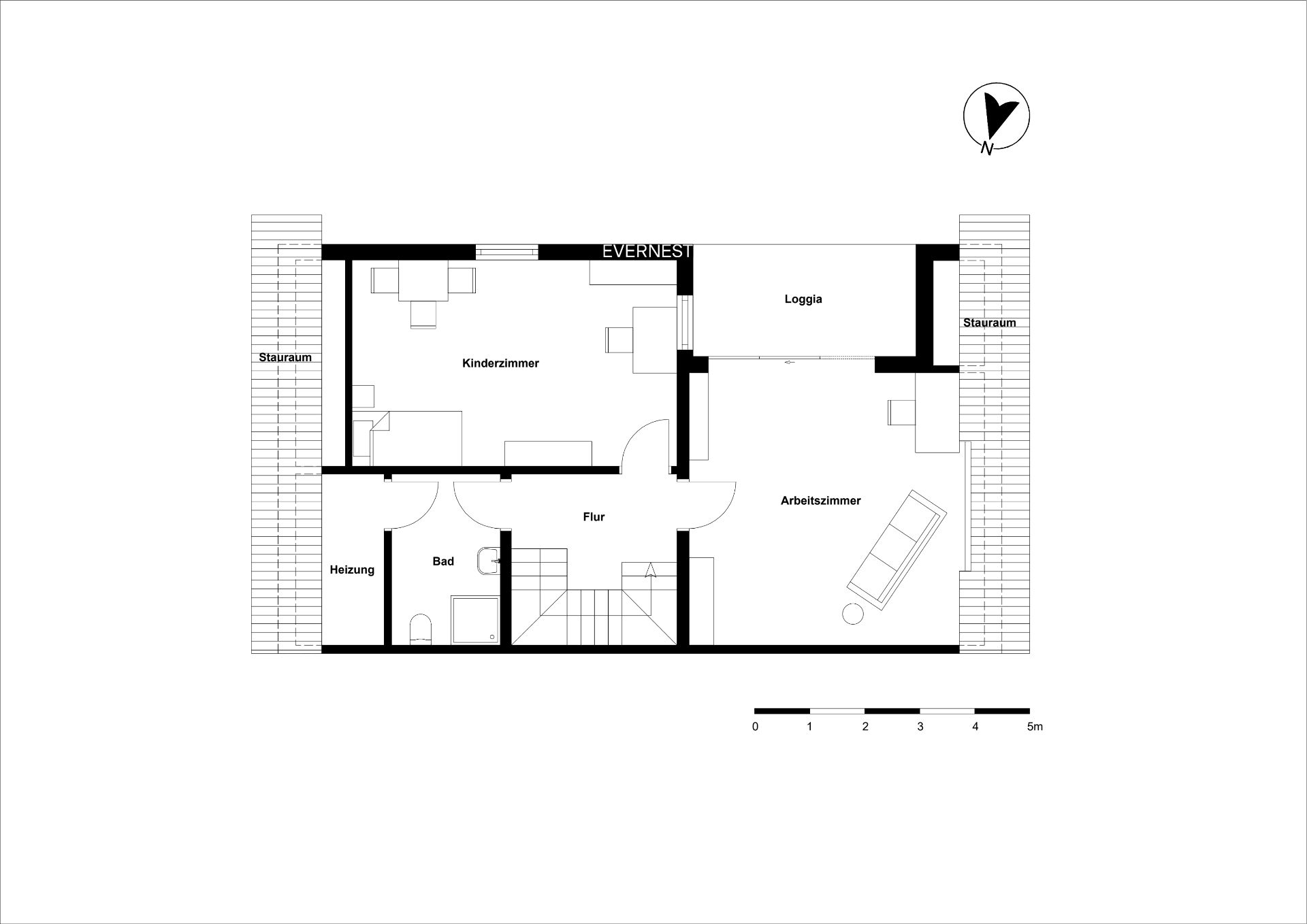 Grundriss mit Kinderzimmer, Arbeitszimmer, Bad, Flur, Loggia, Heizung und zwei Stauräumen.