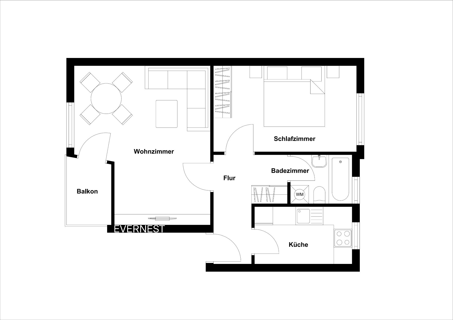 Grundriss einer Wohnung mit Wohnzimmer, Schlafzimmer, Küche, Badezimmer, Flur und Balkon.