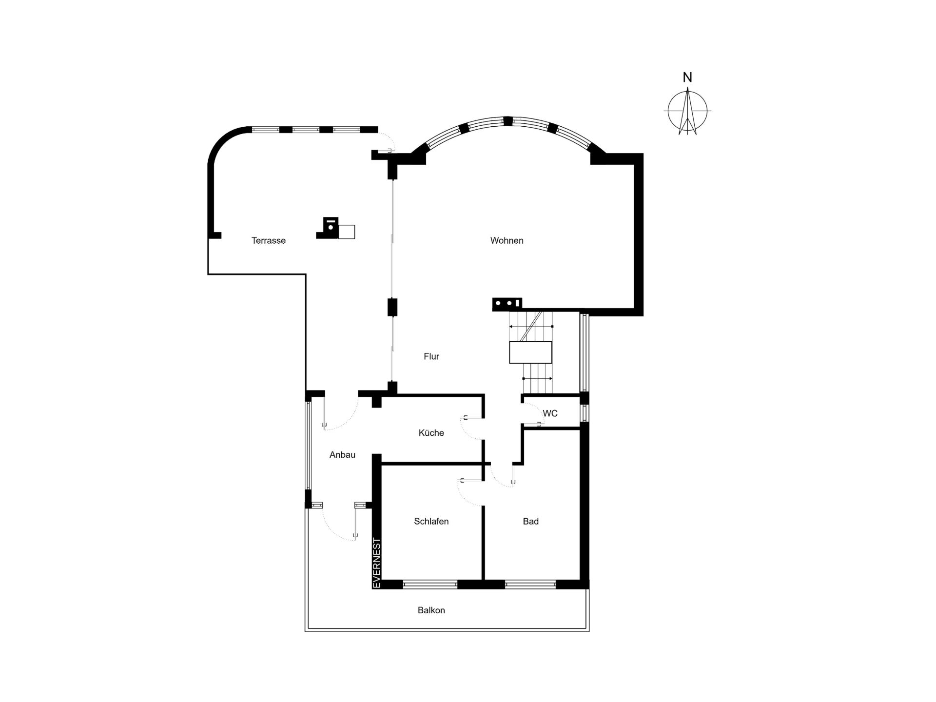 Grundriss einer Wohnung mit Terrasse, Balkon, Wohnzimmer, Schlafzimmer, Küche, Bad und WC.