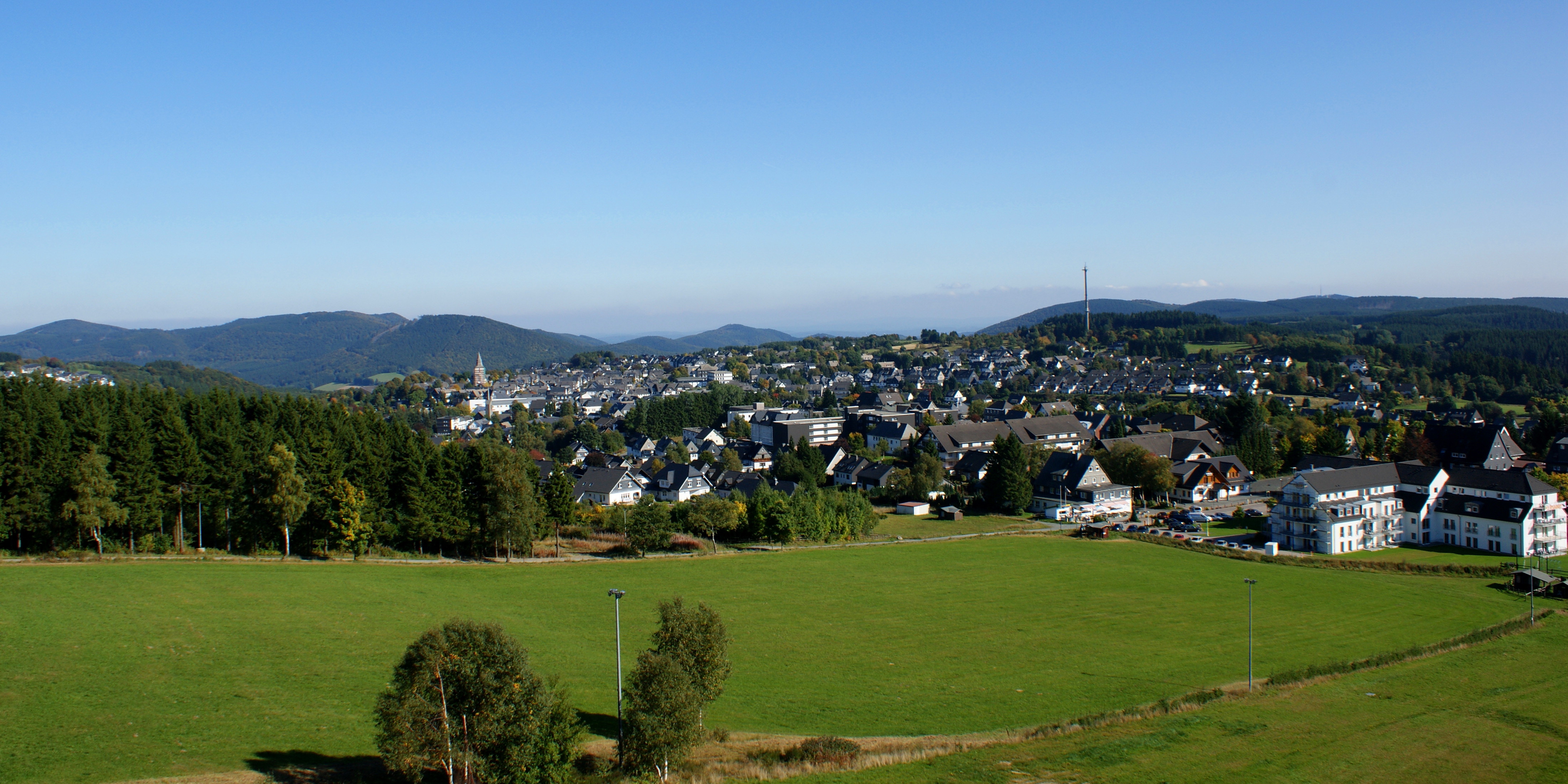 Blick auf eine Stadt mit vielen Häusern, Grünflächen und bewaldeten Hügeln im Hintergrund.