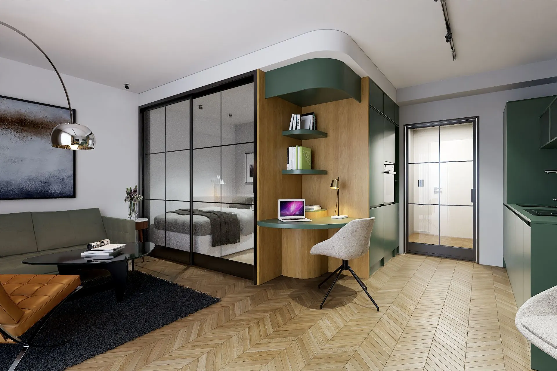 Modernes Apartment mit Wohnbereich, Schreibtisch, Sofa und Glastrennwand zum Schlafzimmer.