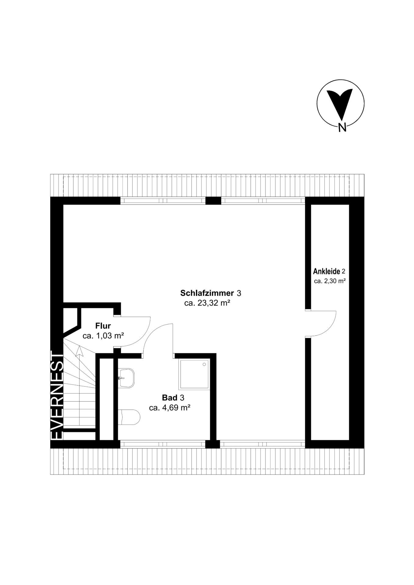 Grundriss mit Schlafzimmer, Bad, Flur und Ankleide.
