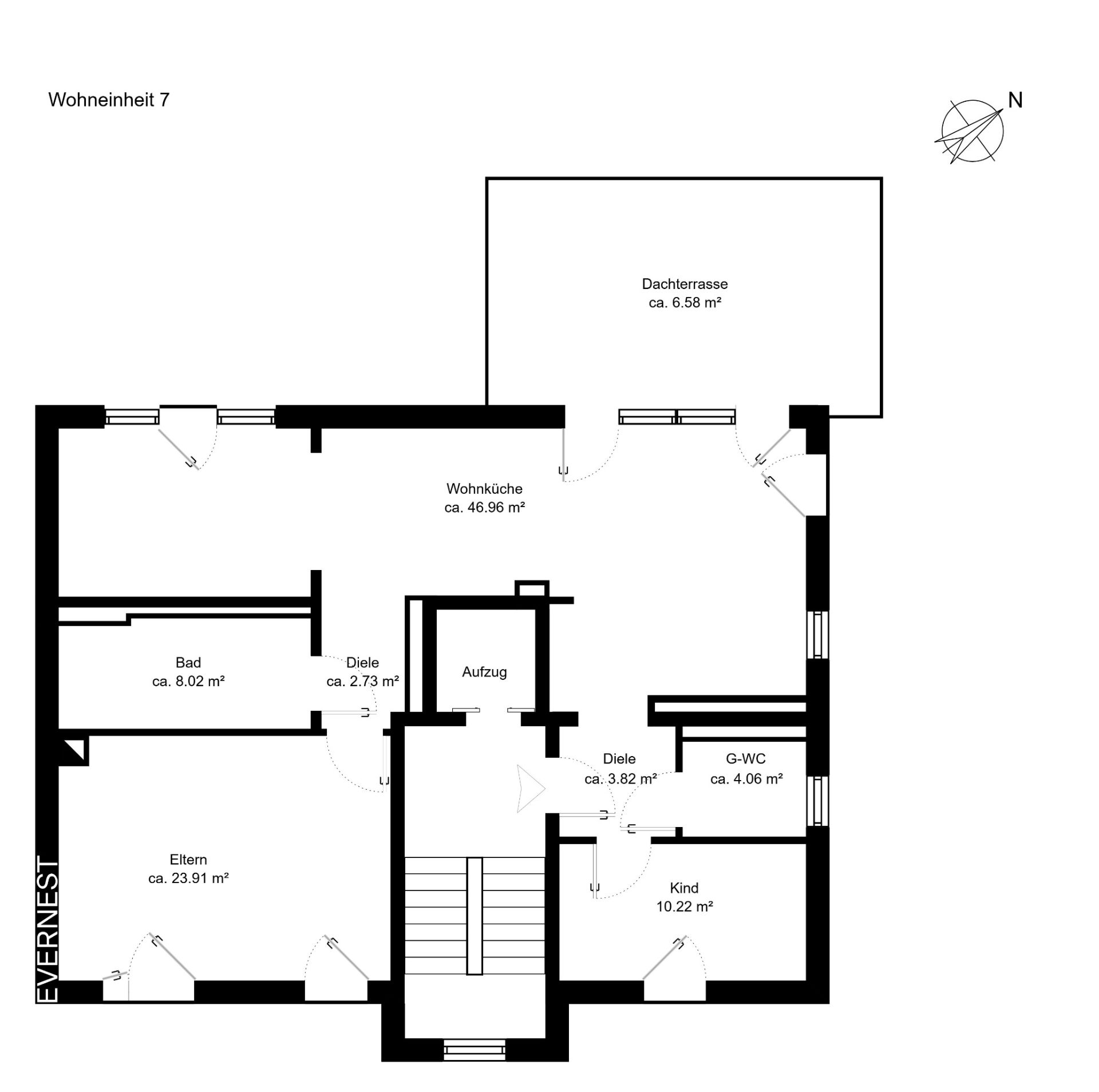 Grundriss einer Wohnung mit Wohnzimmer, Bad, Schlafzimmer, Kinderzimmer und Dachterrasse.