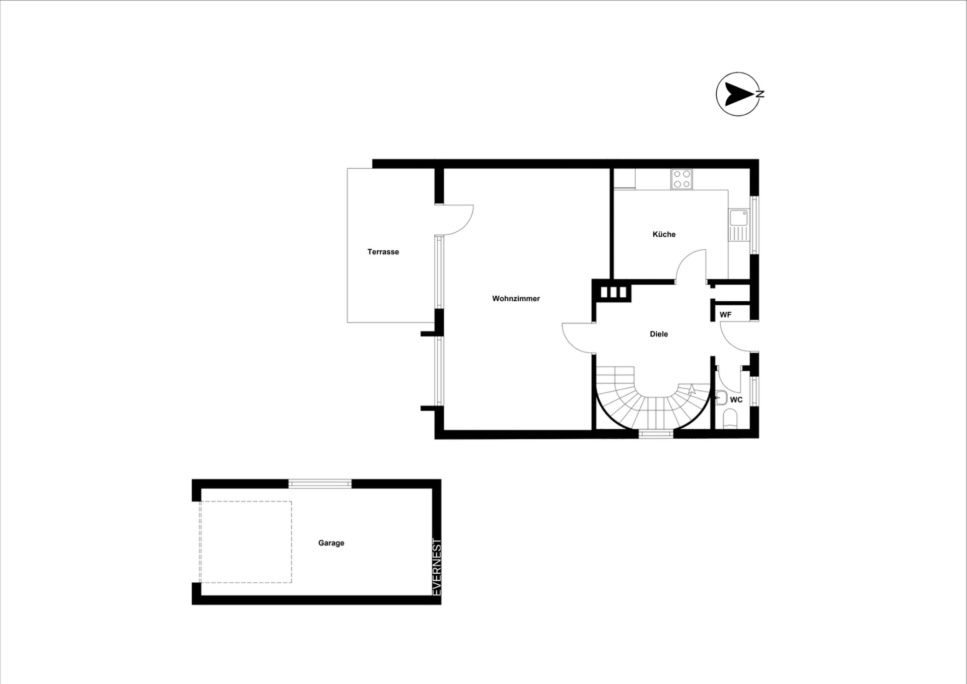 Grundriss mit Wohnzimmer, Küche, Diele, WC, Terrasse und separater Garage.