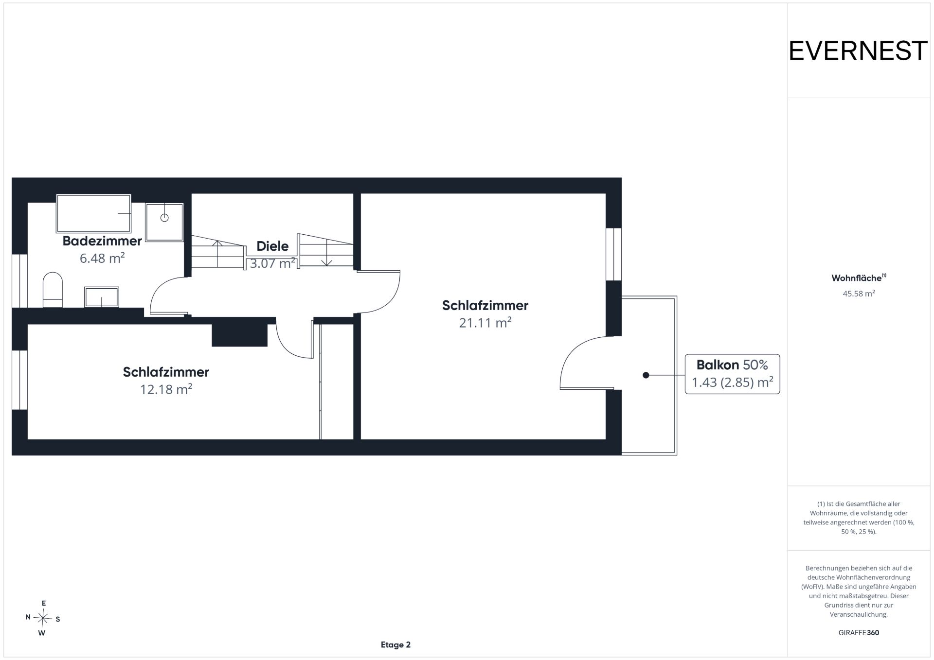 Grundriss mit zwei Schlafzimmern, einem Badezimmer, Diele und Balkon.