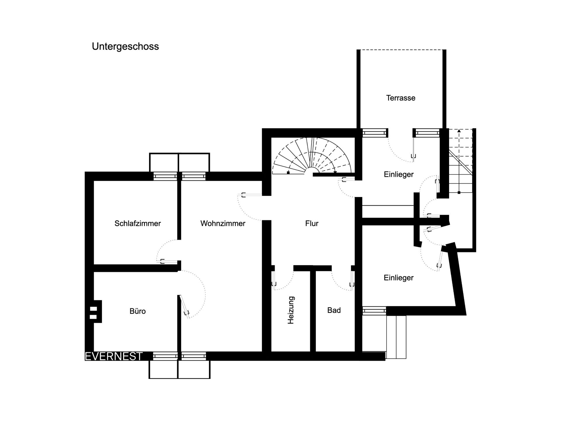 Grundriss vom Untergeschoss mit Schlafzimmer, Wohnzimmer, Büro, Bad, Heizung, Flur und Terrasse.
