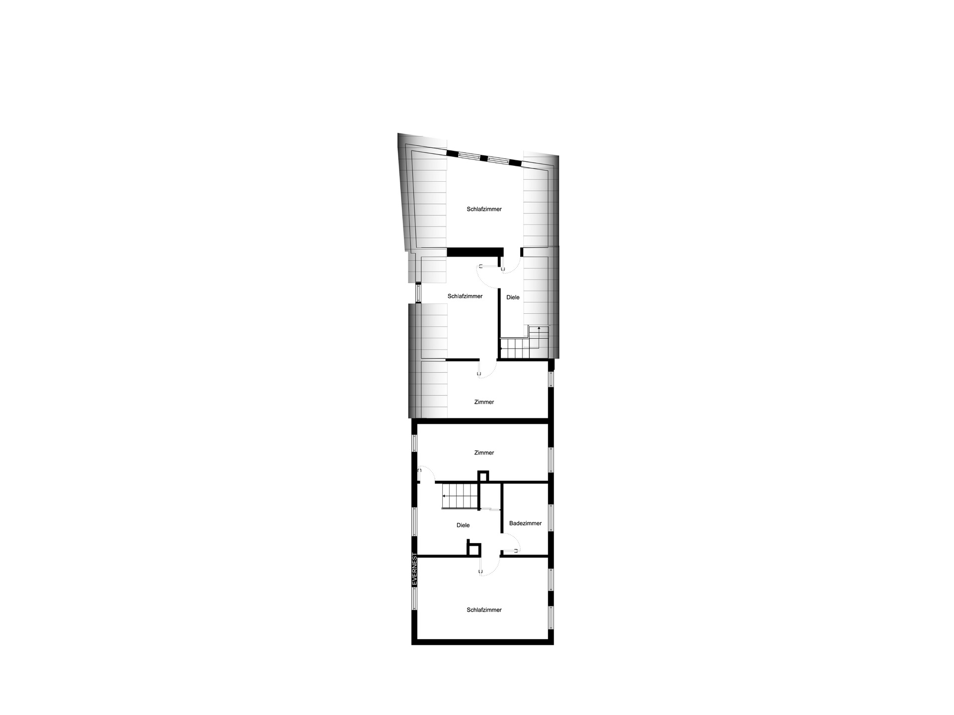 Grundriss eines Hauses mit mehreren Schlafzimmern, Wohnzimmer, Diele und Badezimmer.