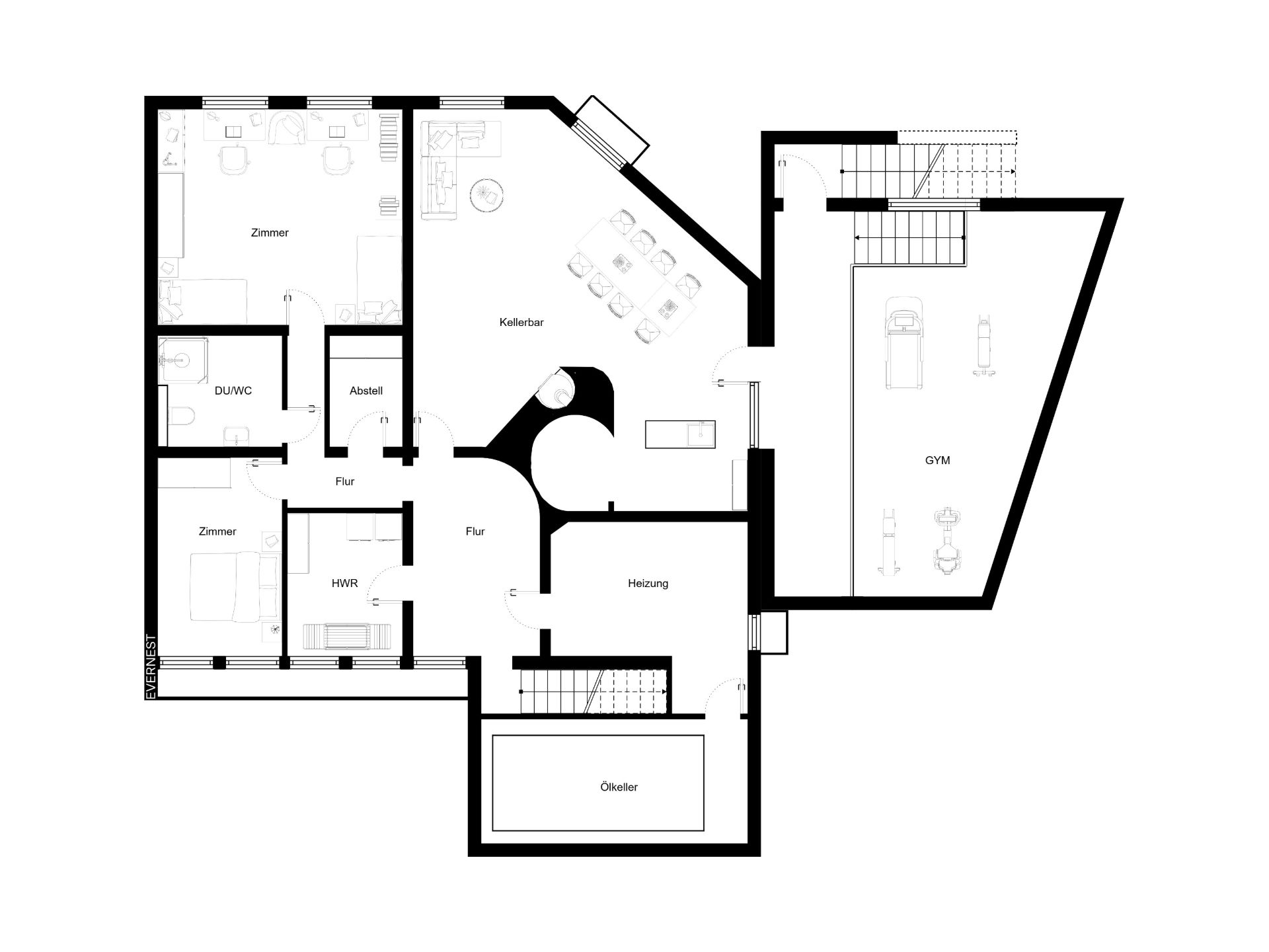 Grundriss mit Zimmern, Gym, Kellerbar, Heizraum und Abstellraum.