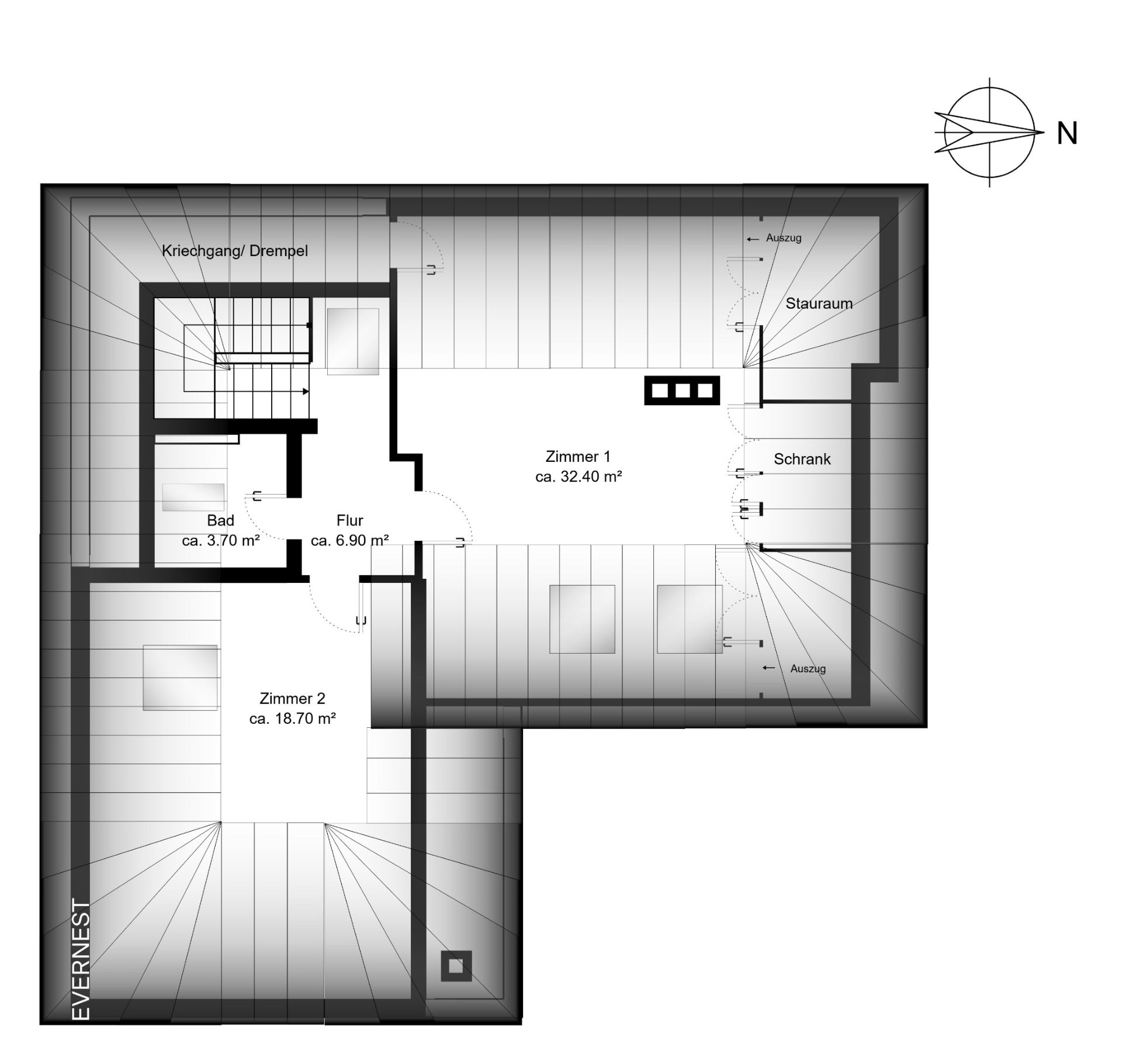 Grundriss mit zwei Zimmern, Bad, Flur, Stauraum und Schrank.