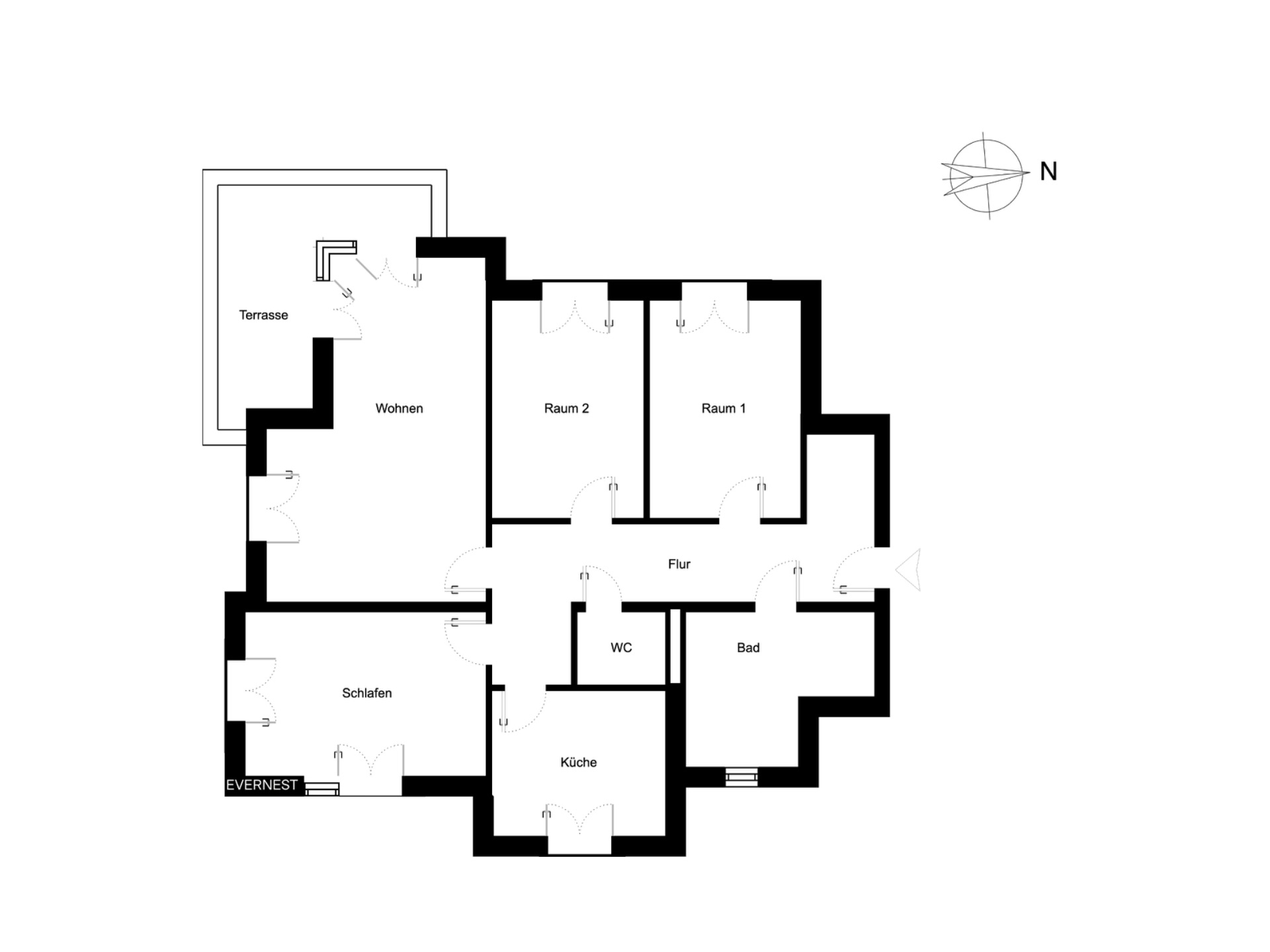 Grundriss einer Wohnung mit Terrasse, Wohnzimmer, Küche, Bad, WC, Flur und drei weiteren Räumen.