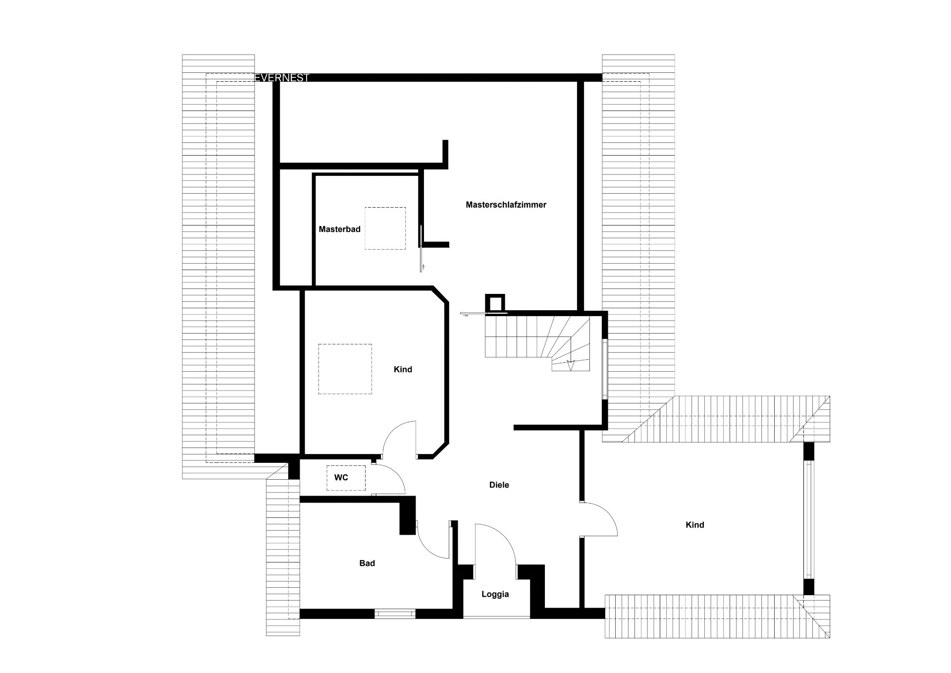 Grundriss mit Masterzimmer, Masterbad, zwei Kinderzimmern, Bad, WC, Diele und Loggia.